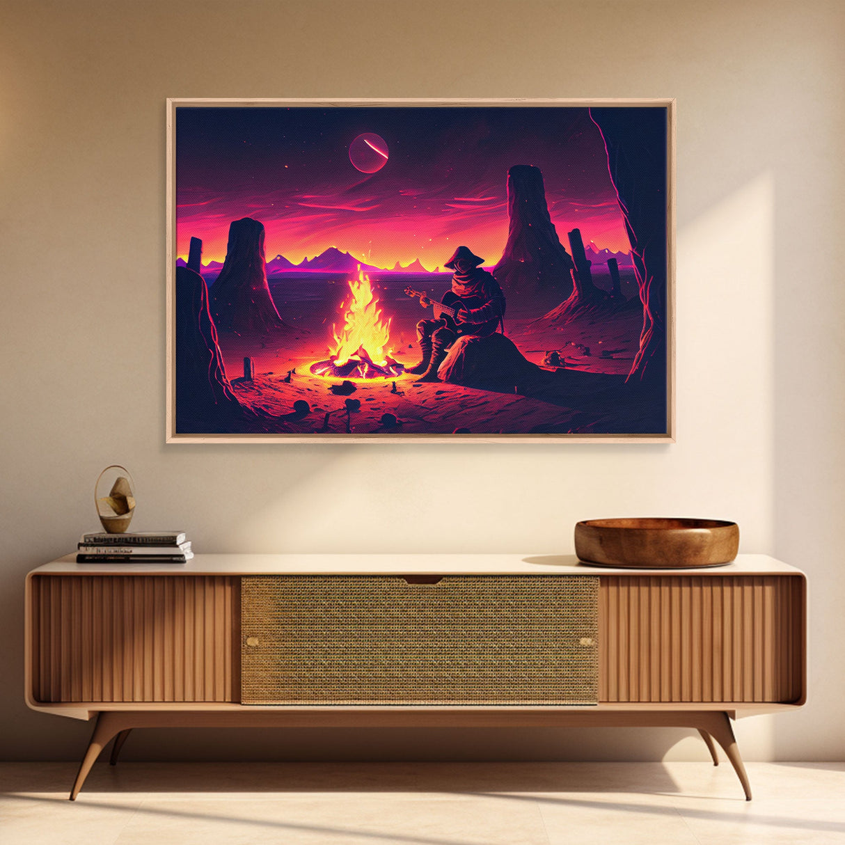 Valley Canyon Man Campfire Guitar Landscape Magenta Fine Art Print, Wall Art Print, Wall Poster, Wall Décor