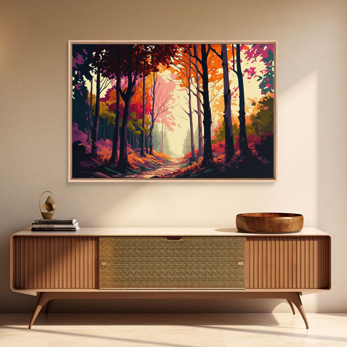 Pop Art Style Fall Forest Landscape, Framed Canvas Print, Unique living room wall art, above sofa art, Color Pop forest art