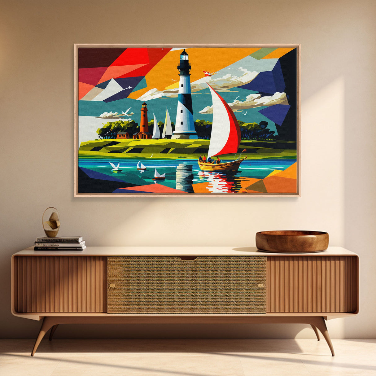 Sailboat and Lighthouse | Pop Art Style Painting Print | Framed Canvas Print | Colorful Minimalist Art | Nautical Art