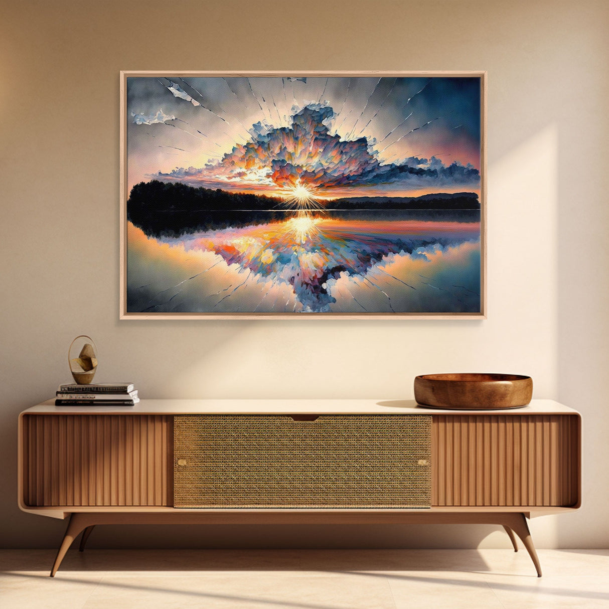 Sunset Reflection over a Lake, framed canvas print, framed wall art, colorful decor, above couch art