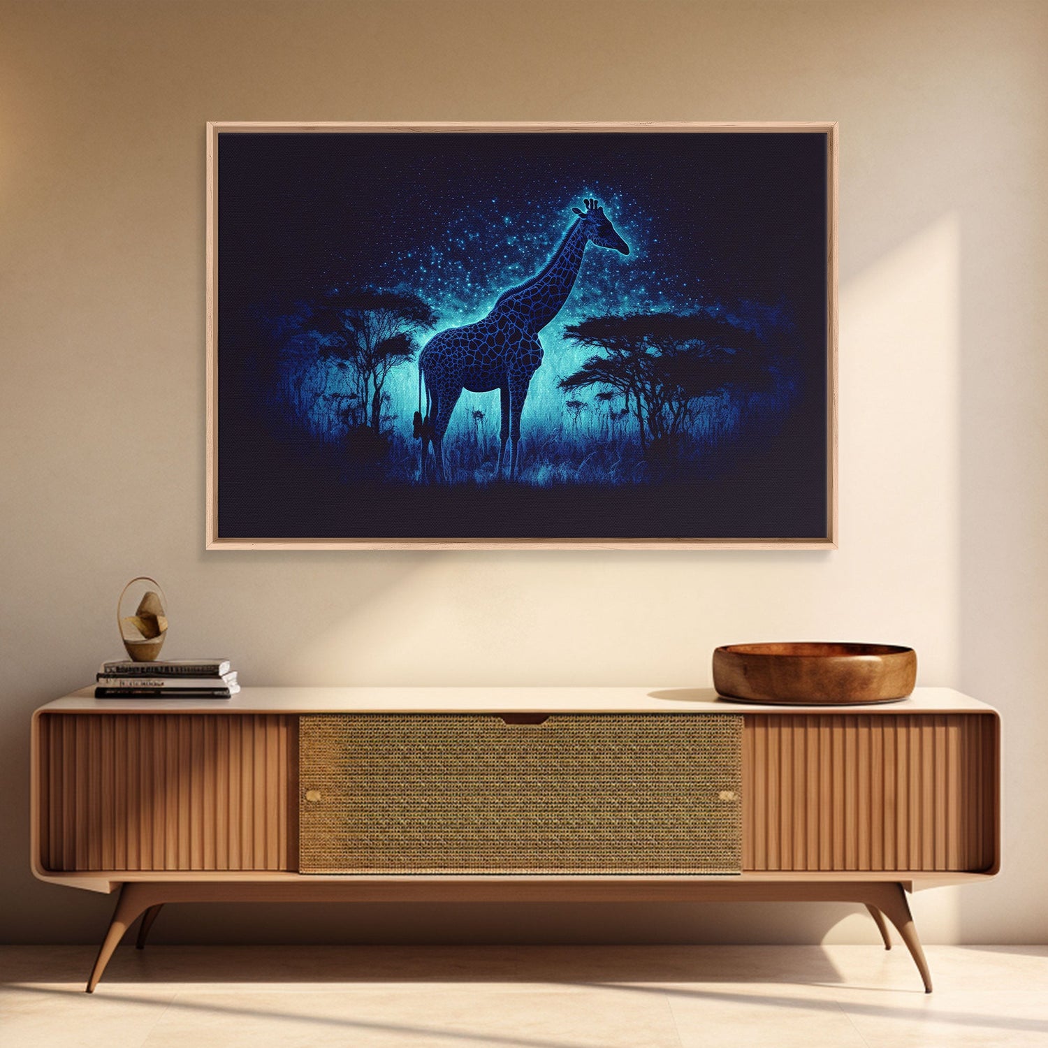 Surreal Giraffe Art, Wildlife Print, Animal Prints, framed canvas print, framed wall art, colorful turquoise night sky