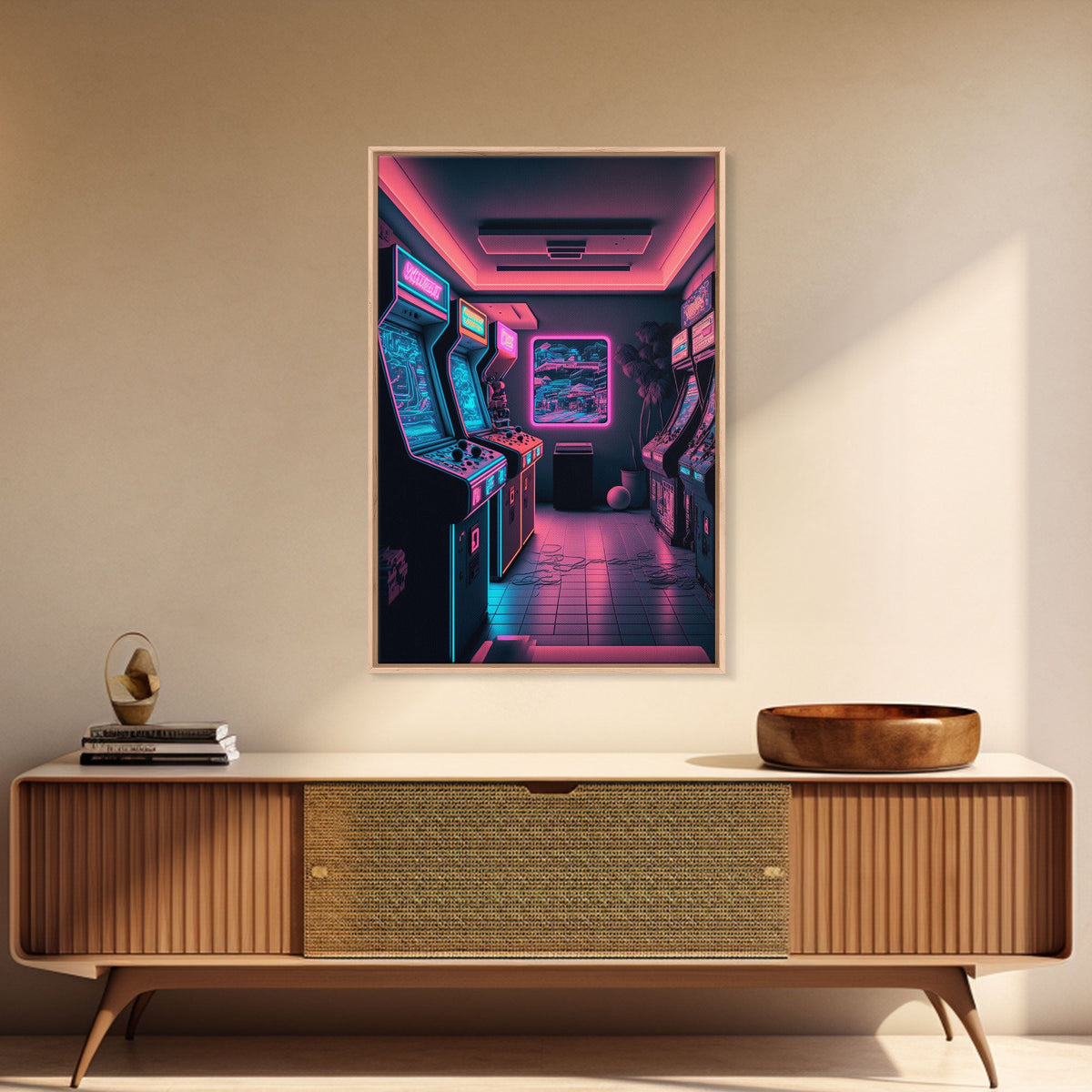 Neon Arcade, Gamer Room Decor, Unique Game Room Art, Framed Canvas Print, Synthwave Style Art, Vaporwave Gamer Art, Retrowave Arcade