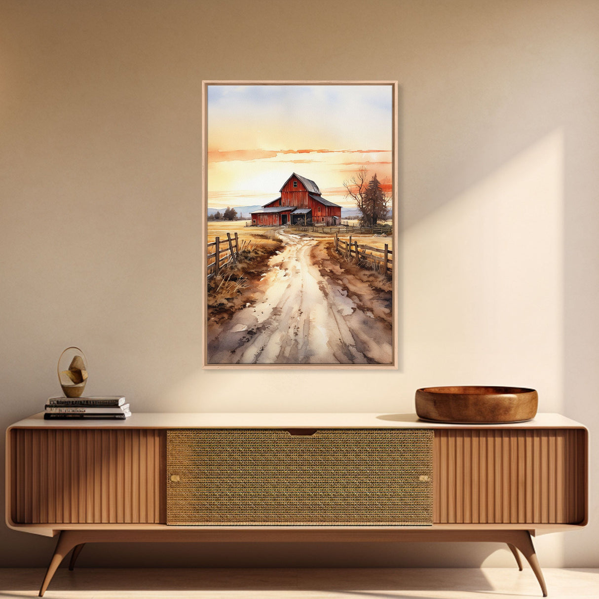 Sunset Over A Red Barn, Watercolor Painting Canvas Print, Country Poster Art, Framed Canvas, Country Roads, Rustic Farmhouse Decor