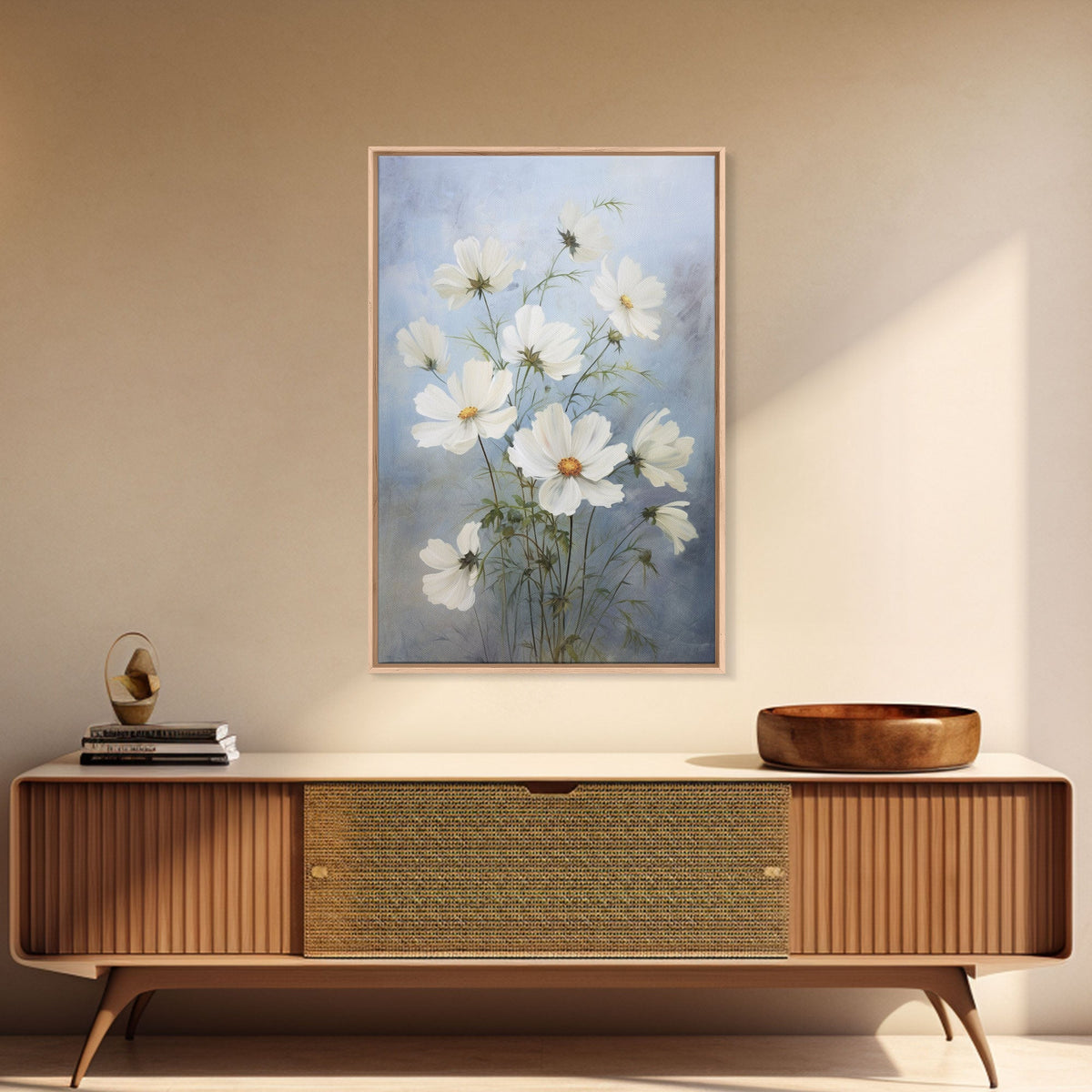 Cosmos Art Print - Framed Canvas Art - Oil Painting Poster Print - White Flowers Still Life - Small Flower Bouquet Oil Painting Wall Art