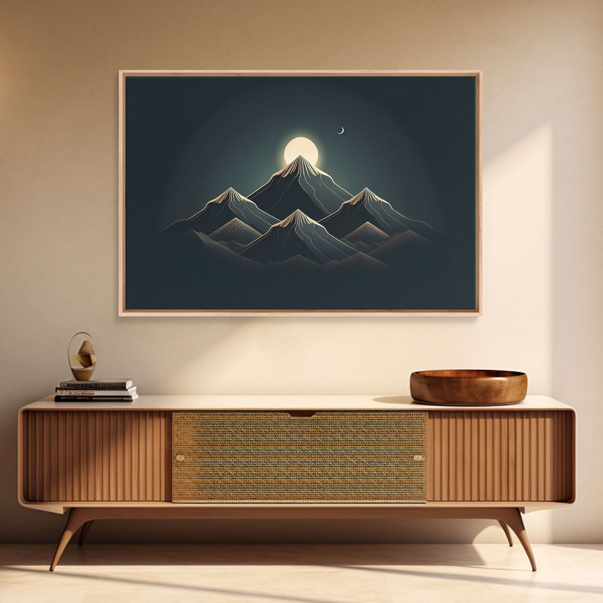Black and Gold Art Deco Style Mountain landscape at Sunset, Framed Canvas Print, Large Format Wall Art, Huge Wall Decor