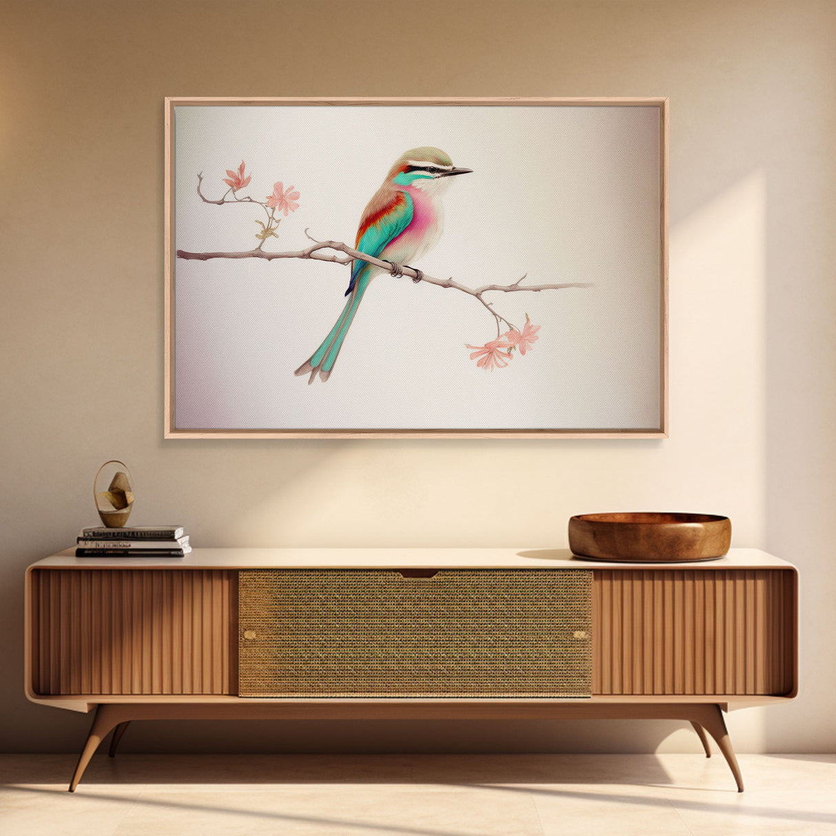 Colorful Oriole Bird On a Branch, Watercolor, Framed Canvas Print, Birdwatcher Art