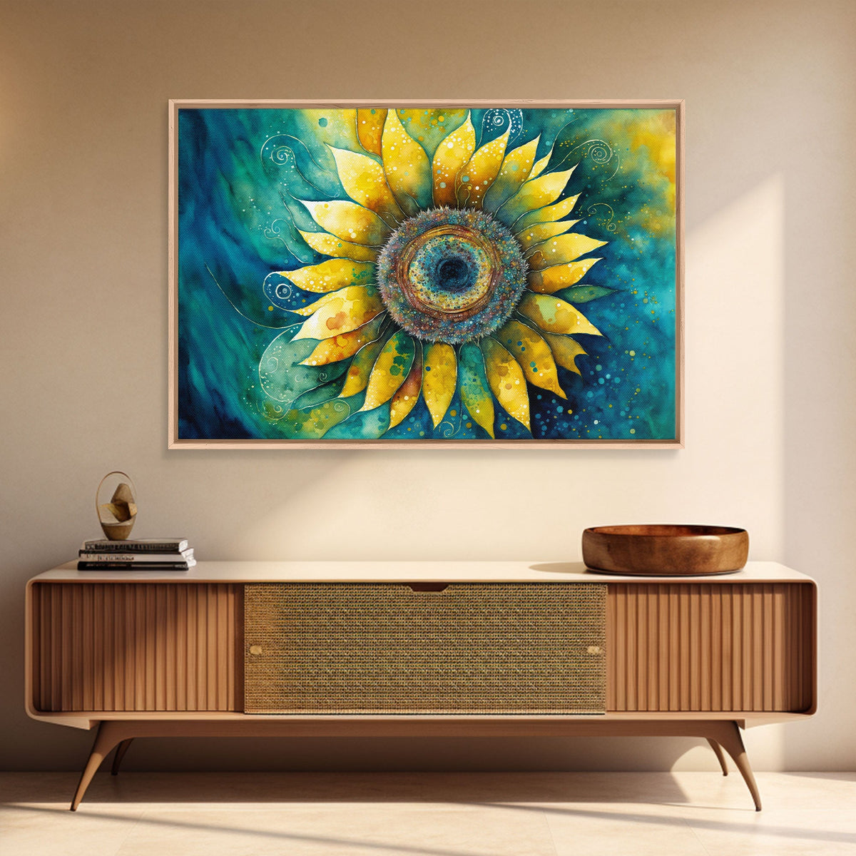 Watercolor of a Sunflower, Framed Canvas Print, Framed Art, Lowkey Farmhouse Wall Art, Living Room Decor, Living Room painting