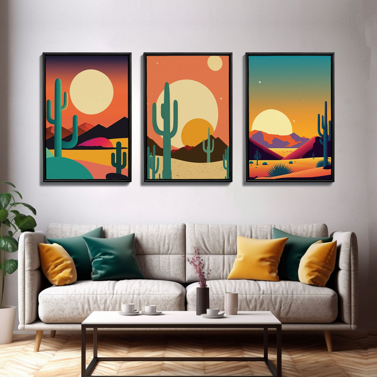 Desert Art, Desert Prints, Trendy Wall Prints, Framed Canvas Art, 3 Piece Wall Prints, Southwestern Decor, Primitive Cactus Art, Arizona Art