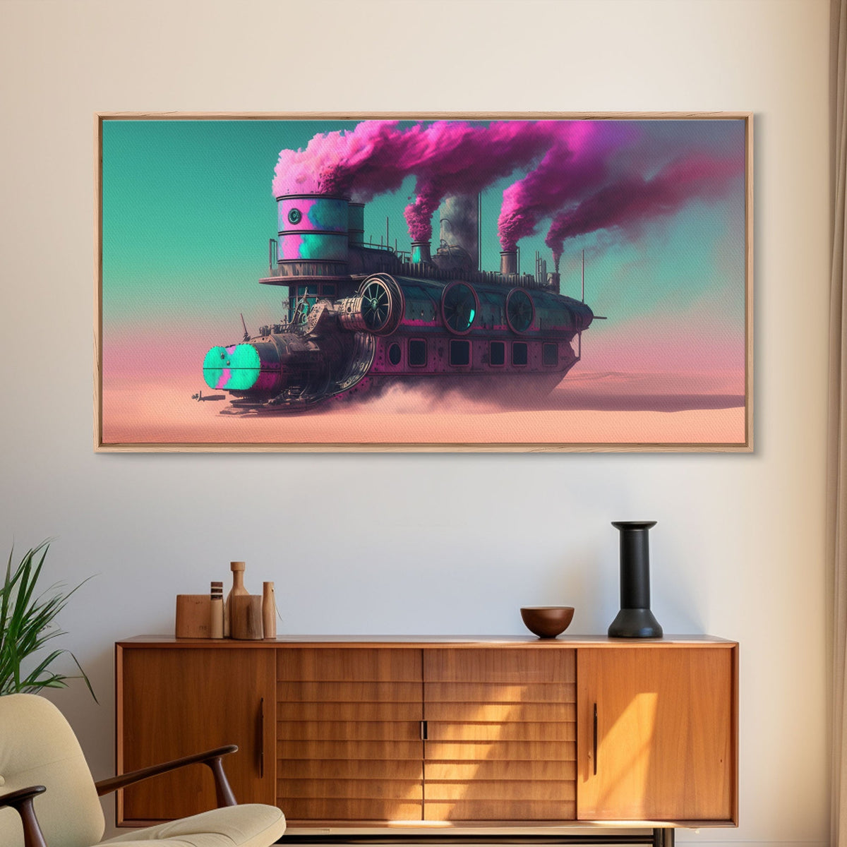 Futuristic Steampunk / Cyberpunk Mashup Art, Steampunk Riverboat In A Desert, Framed Canvas Print, Scifi Wildwest Decor