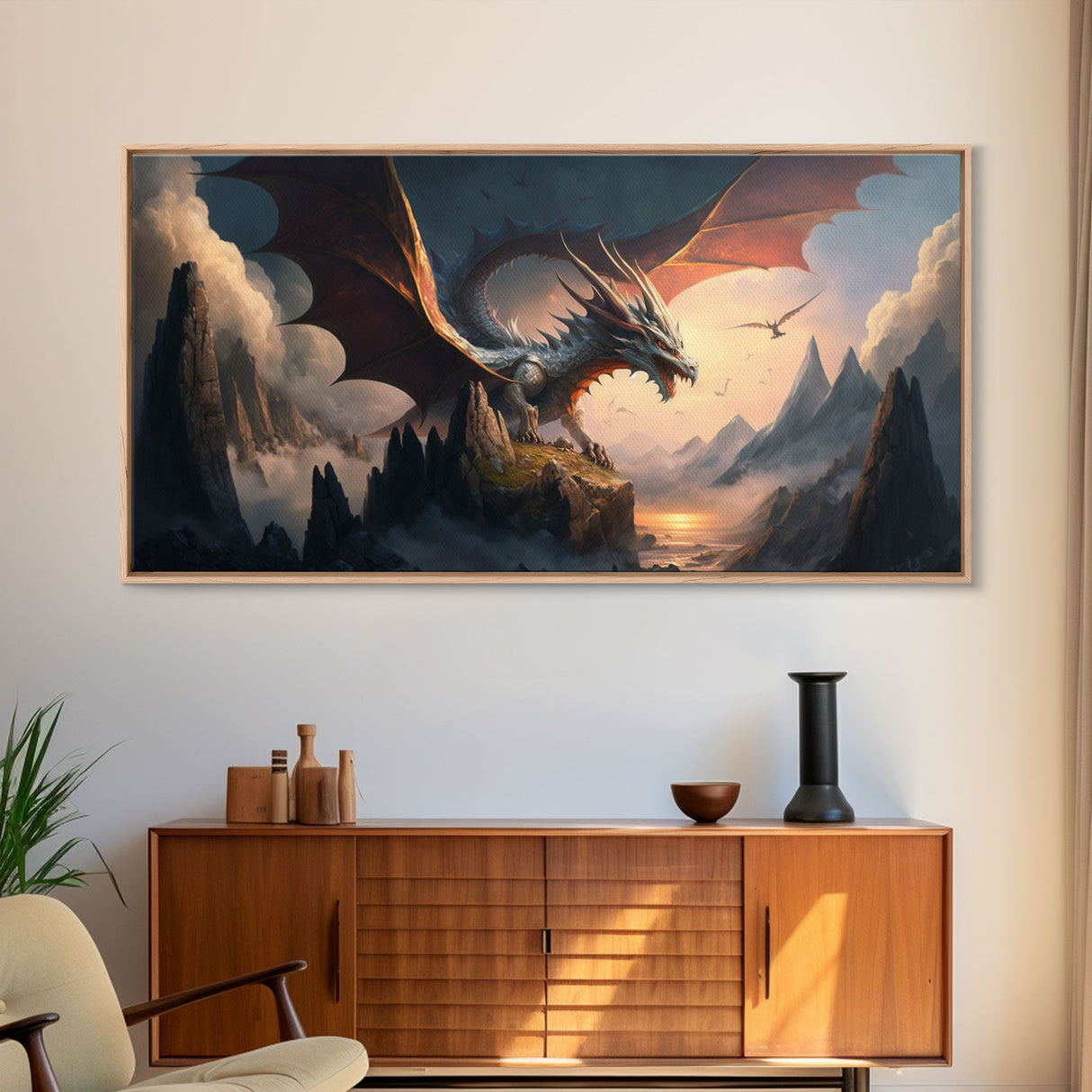 White Dragon on a Mountain Top, Fantasy Art, Framed Canvas Print, Medieval Fantasy Art, Fire breathing dragons