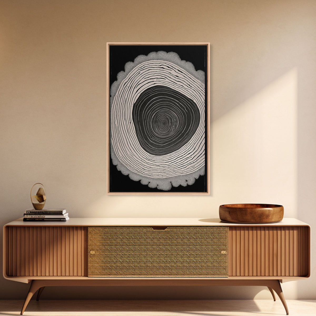 Framed Canvas Print Wall Art, Grunge Forest Tree Rings, Abstract Illustrations, Modern Art, Nordic Decor for Bedroom, Tree Cross Section