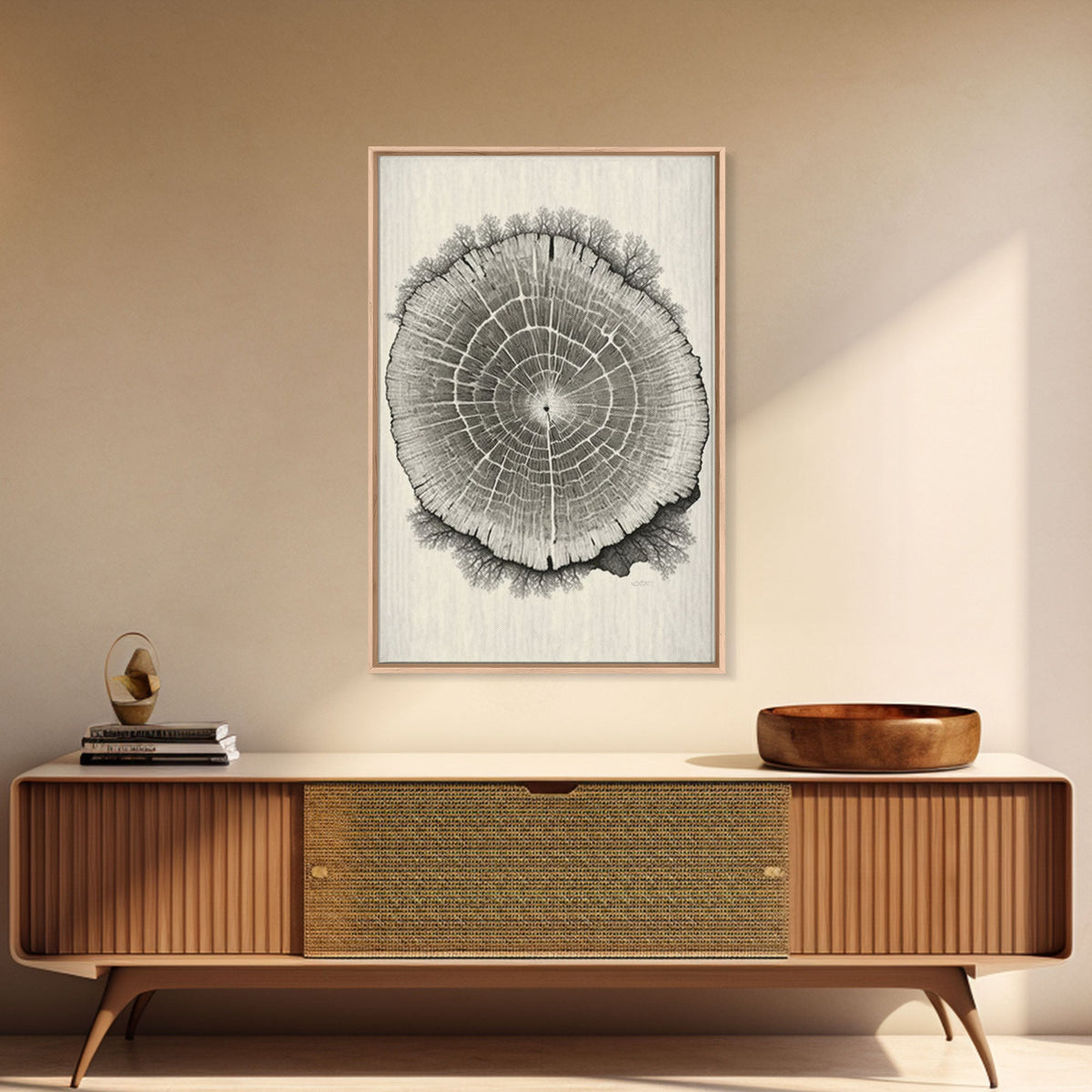 Framed Canvas Print Wall Art, Grunge Forest Tree Rings, Abstract Illustrations, Modern Art, Nordic Decor for Bedroom, Tree Cross Section