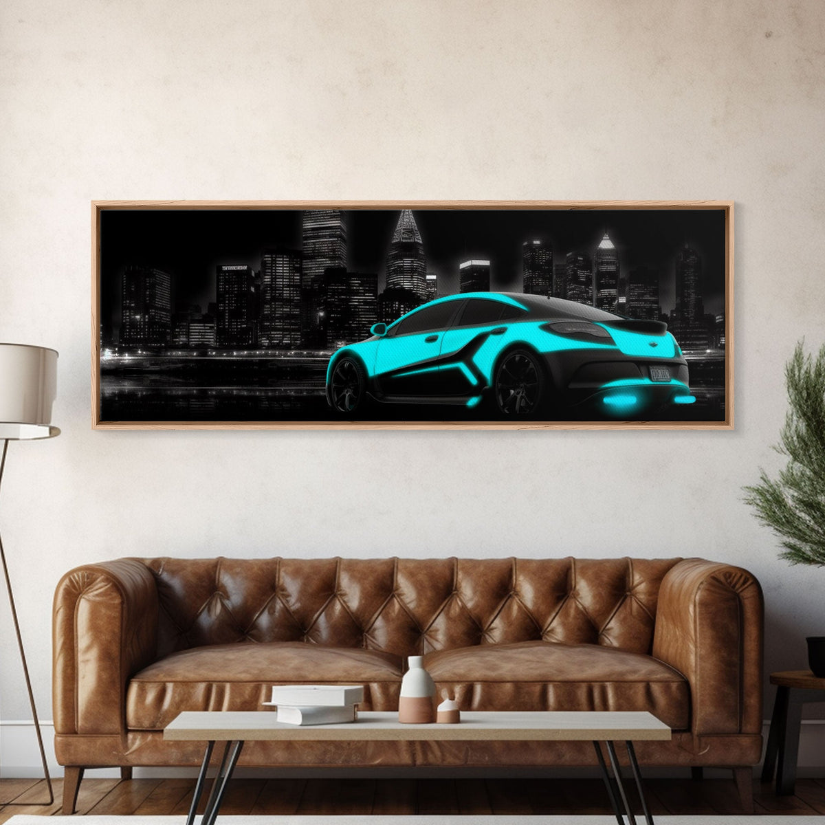 City Skyline Wall Art, Teal Sports Car, Abstract Urban Art, Cityscape Art, Dark Night Large Urban Art, Panoramic, Wall Art, Canvas Print