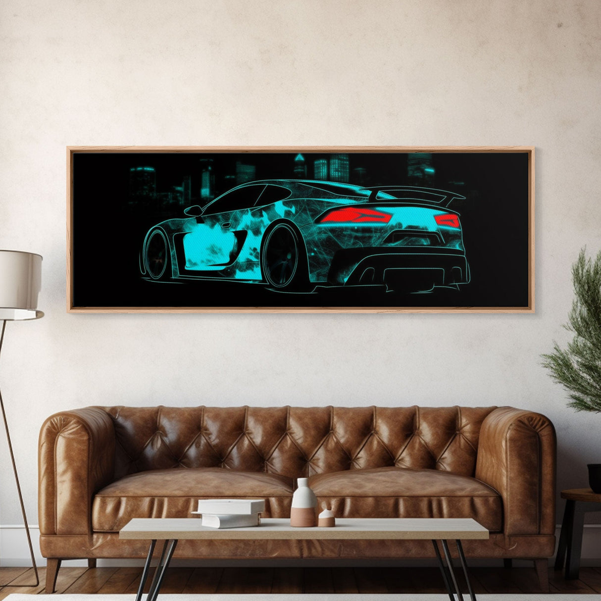 Teal Sports Car,  Abstract Urban Art, Cityscape Art, Dark Night Large Urban Art, City Skyline Wall Art, Panoramic, Wall Art, Canvas Print