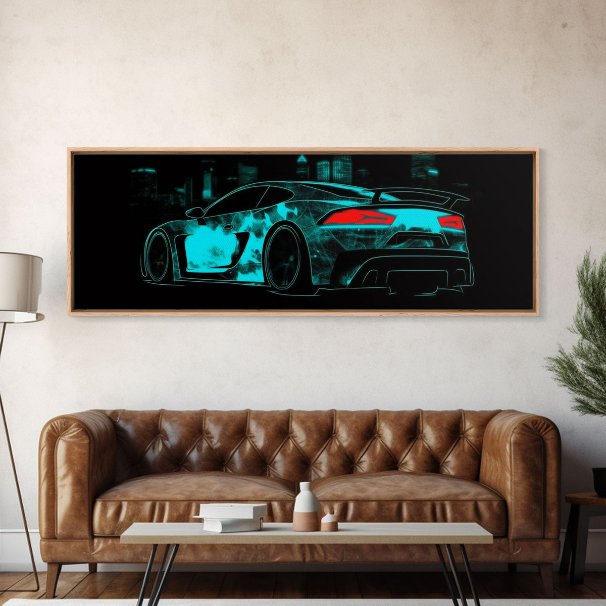 Teal Sports Car, Abstract Urban Art, Cityscape Art, Dark Night Large Urban Art, City Skyline Wall Art, Panoramic, Wall Art, Canvas Print