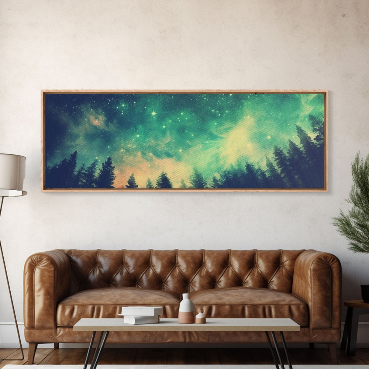 Green Night Sky Watercolor Art Print, Forest Canvas Art, Dark Forest Art, Starry Night Sky, Galaxy Art, Panoramic, Wall Art, Canvas Print