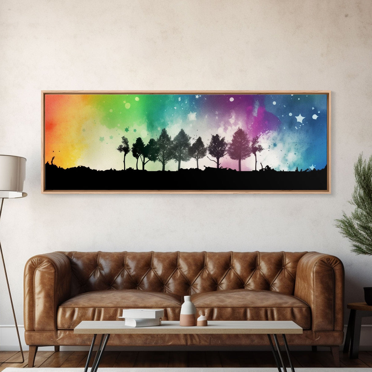 Large Abstract Art Print, Colorful Watercolor Sky, Silhouette Trees, Tie Die Sky, Framed Canvas Print, Panoramic, Wall Art, Canvas Print