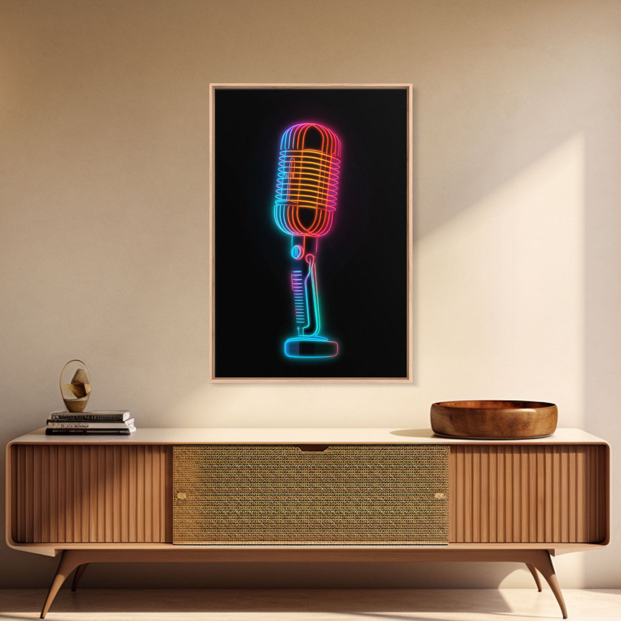 Neon Lights Retro Microphone Wall Art, Vibrant Art, Music Room Wall Art, Minimalist Print, Wall Decor, Canvas Print, Wall Art, Framed Canvas