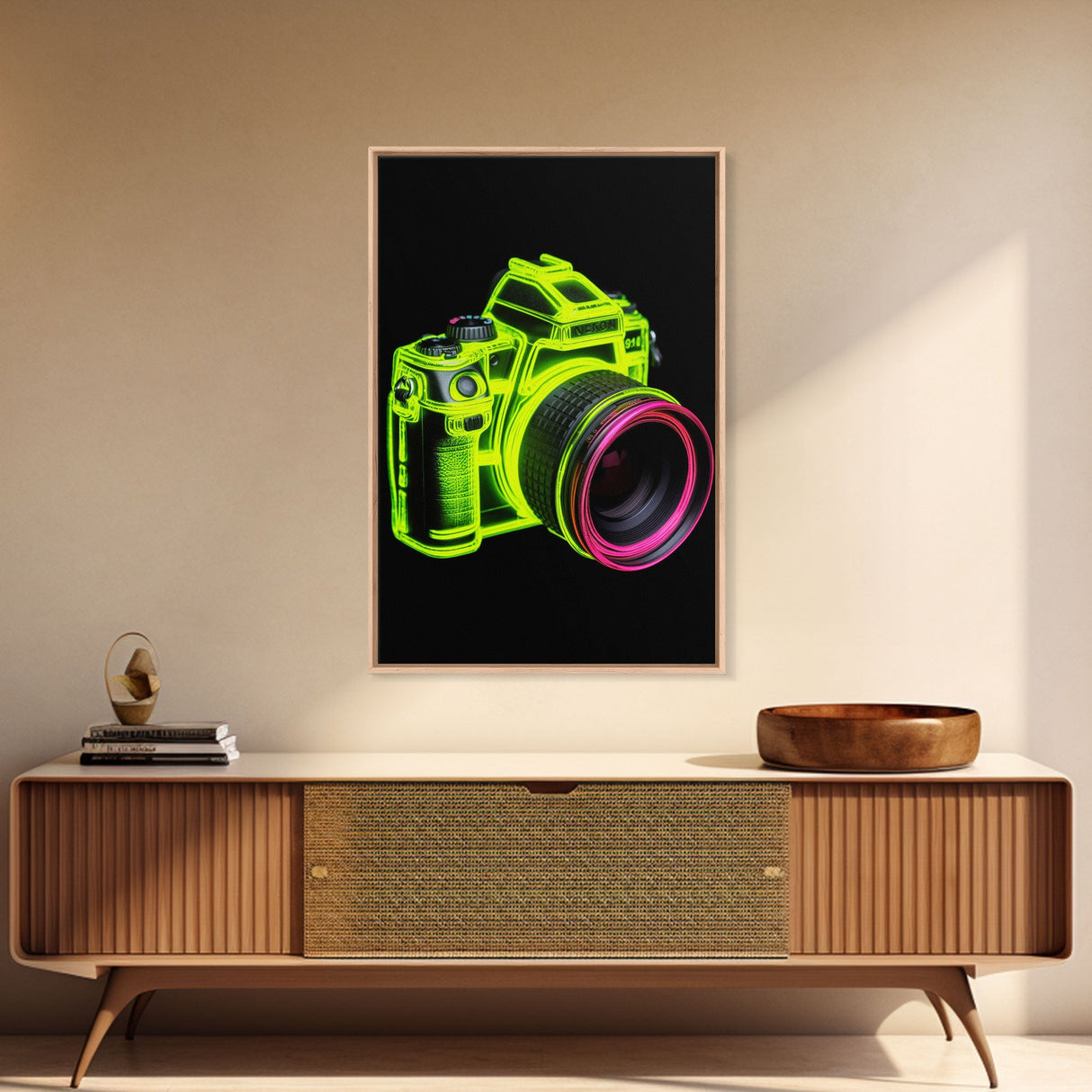 Neon Green Camera Wall Art, Neon Wall Decor, Photography Art, Minimalist Print, Wall Decor, Canvas Print, Wall Art, Framed Canvas