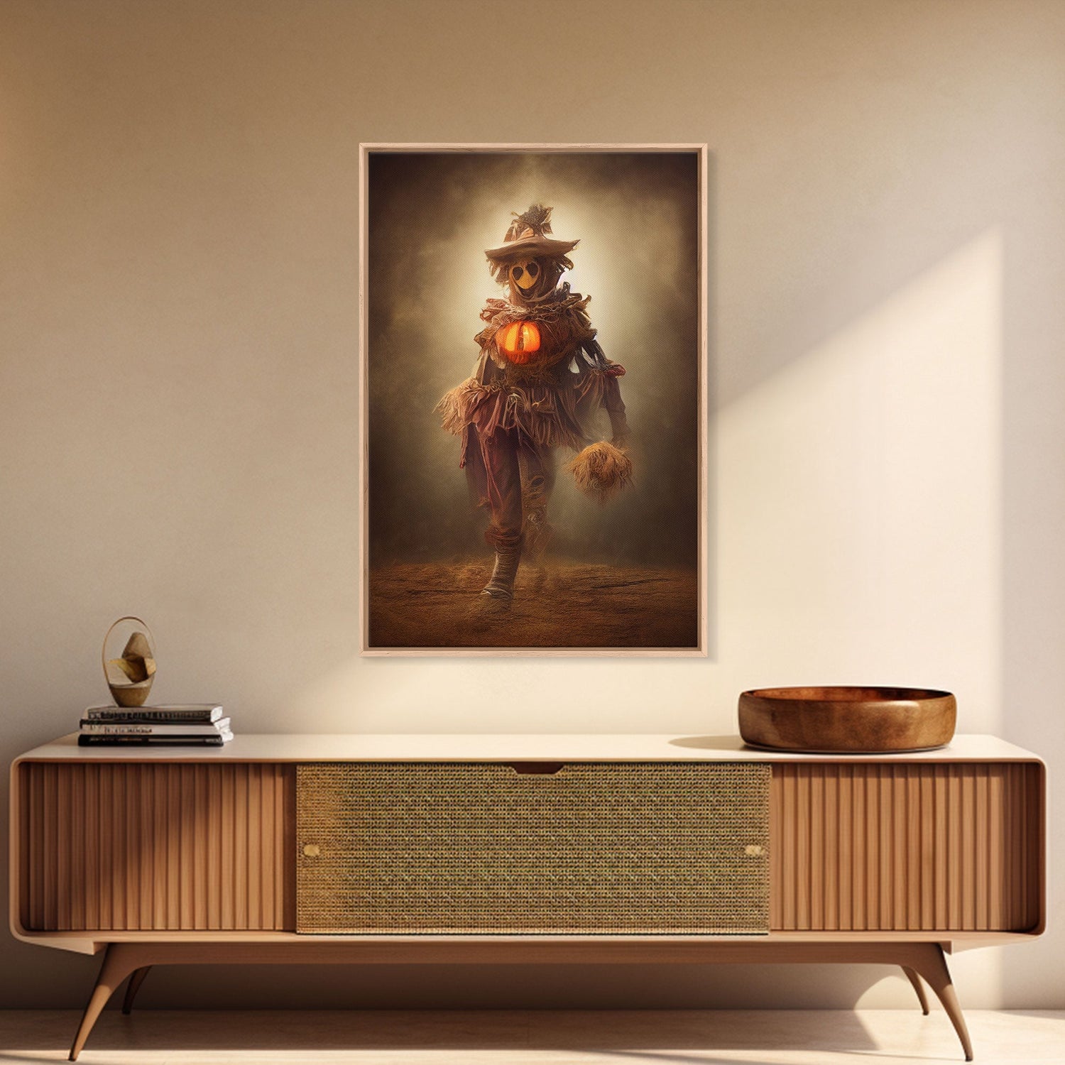 Spooky scarecrow canvas print, full moon, Halloween art, scary art