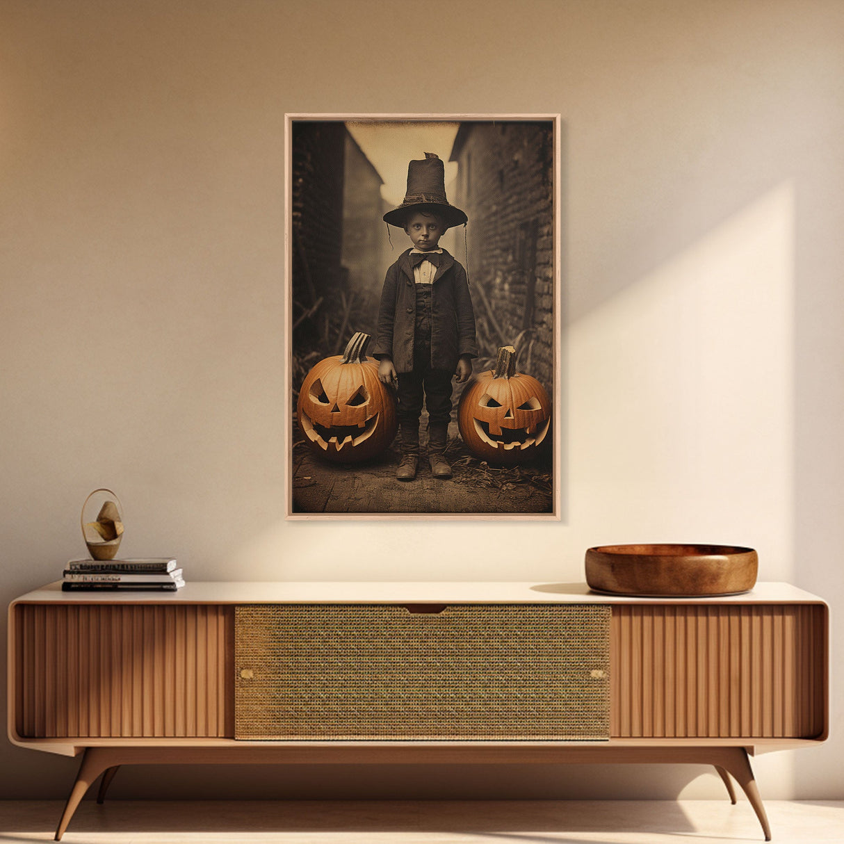 Spooky Victorian Tintype Photography, Framed Canvas Print, Halloween Art, Halloween Canvas, Pilgrim Boy and His Jack O' Lanterns