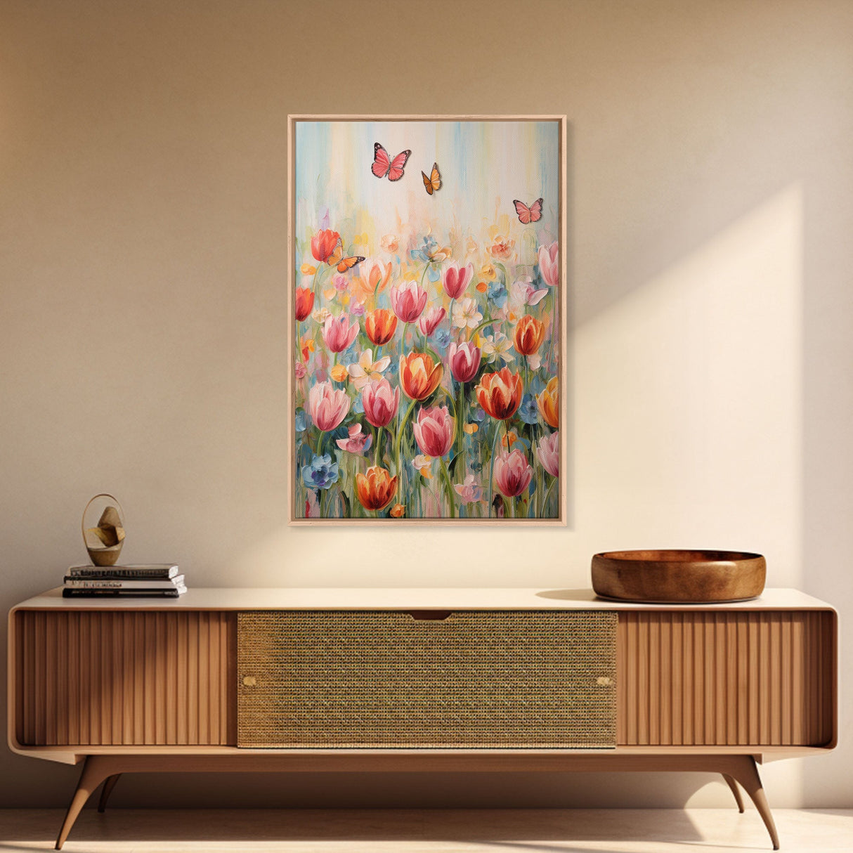 Tulip Field Wall Art, Flower Wall Print, Colorful Art, Butterfly Art, Canvas Print, Wall Art, Vertical Print, Birthday Gift, House Wall Art