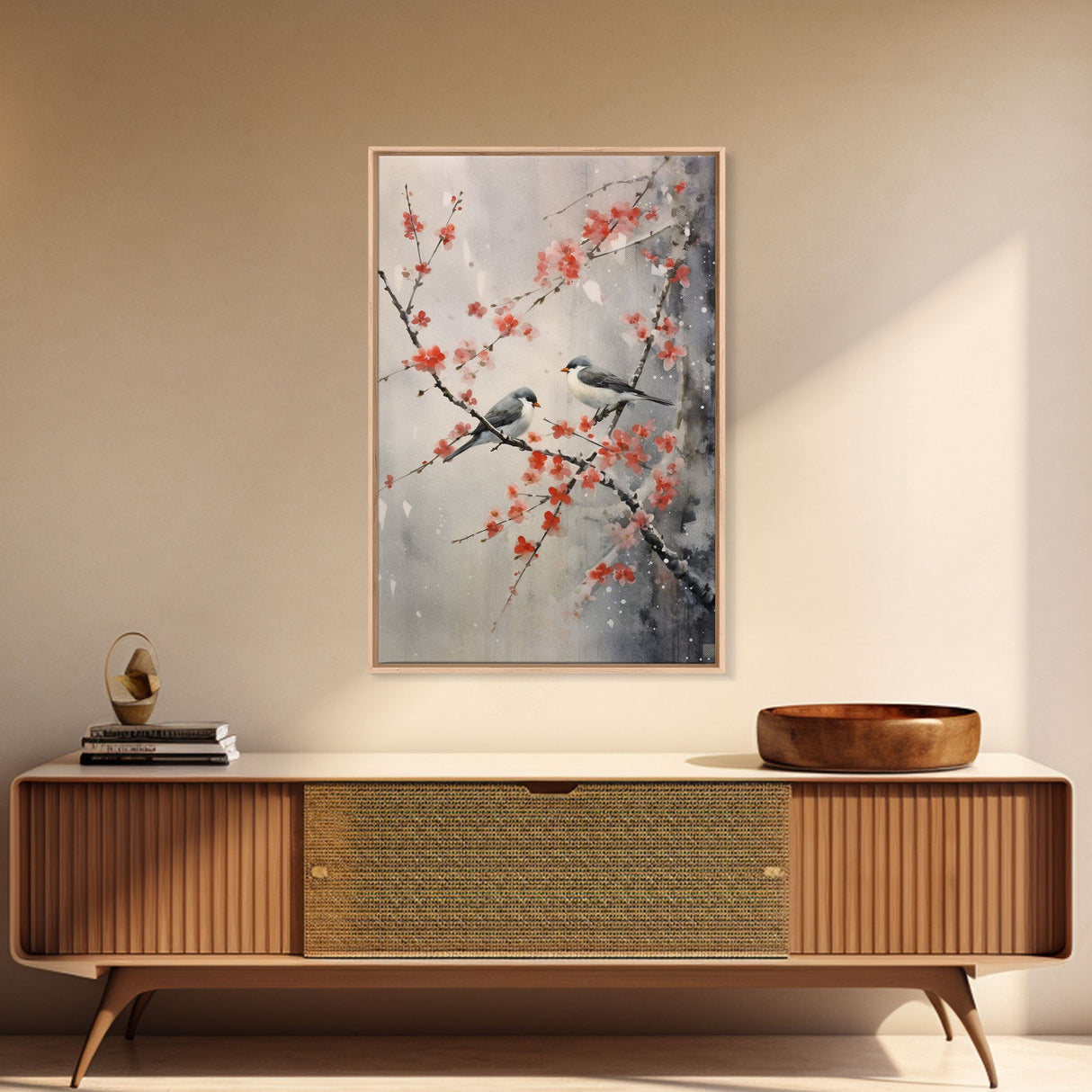 Cherry Blossom Tree, Japanese Wall Print, Bird Wall Art, Asian Art, Canvas Print, Wall Art, Vertical Print, Country Home Decor, Office Art