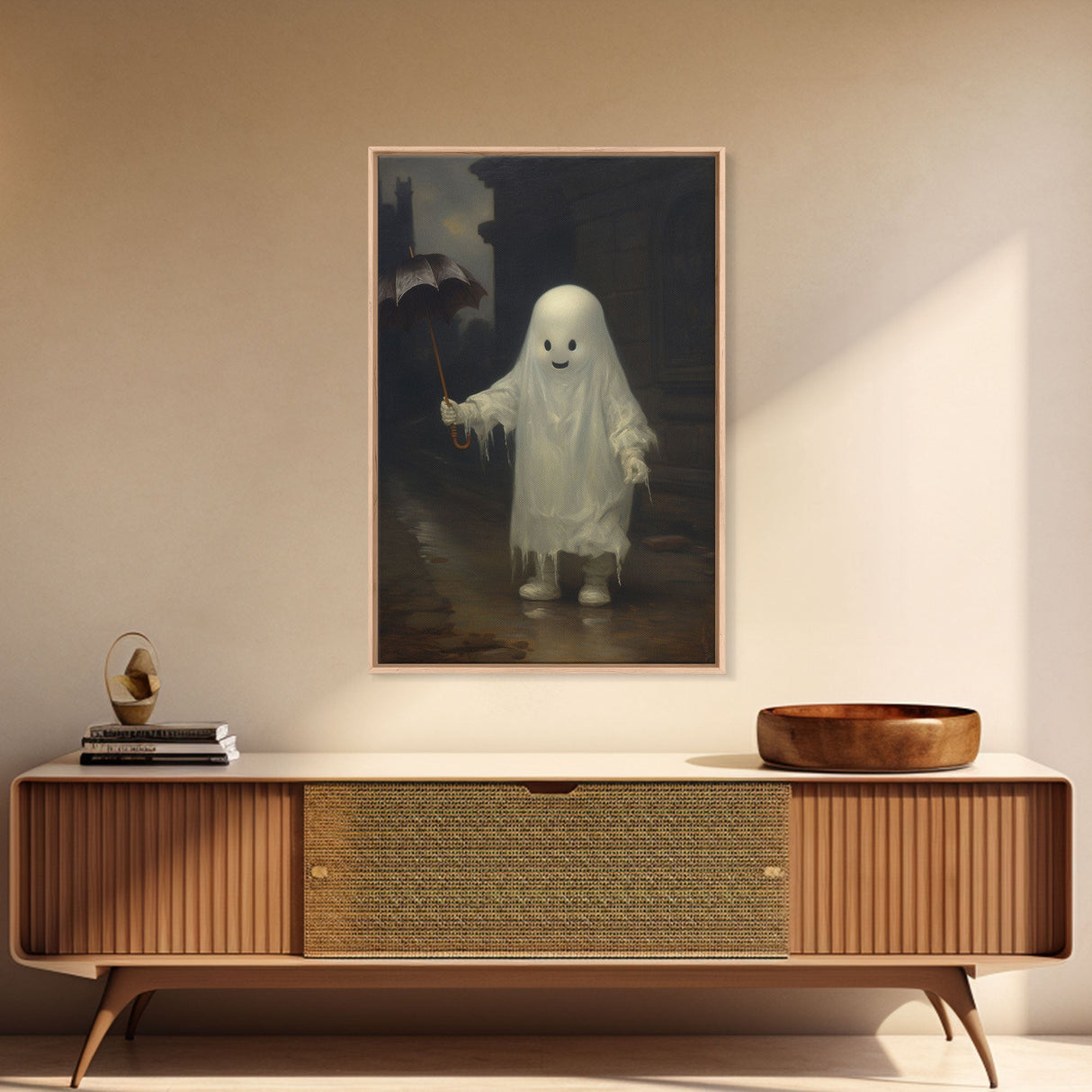 Cute Ghost Painting, Ghost In The Rain, Vintage Canvas, Art Canvas Print, Dark Academia, Haunting Ghost, Cute Halloween Decor