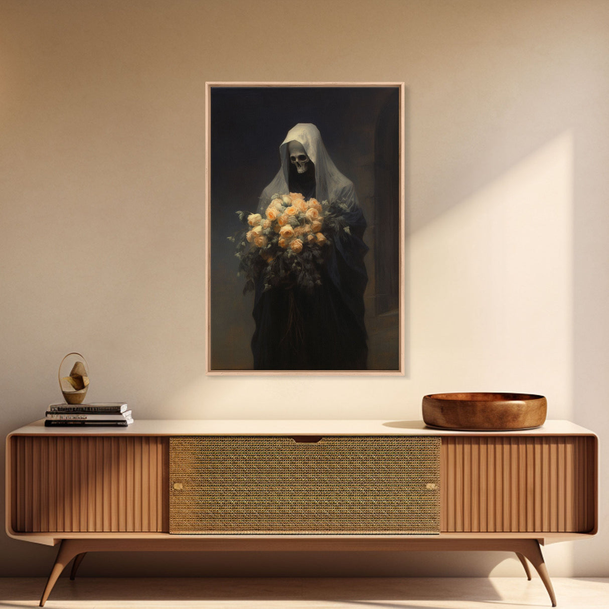 Grim Reaper, Flower Deliveryman, Gothic Halloween Decor, Framed Canvas Print, Scary Horror Art, Goth Decor, Oil Painting, Dark Academia