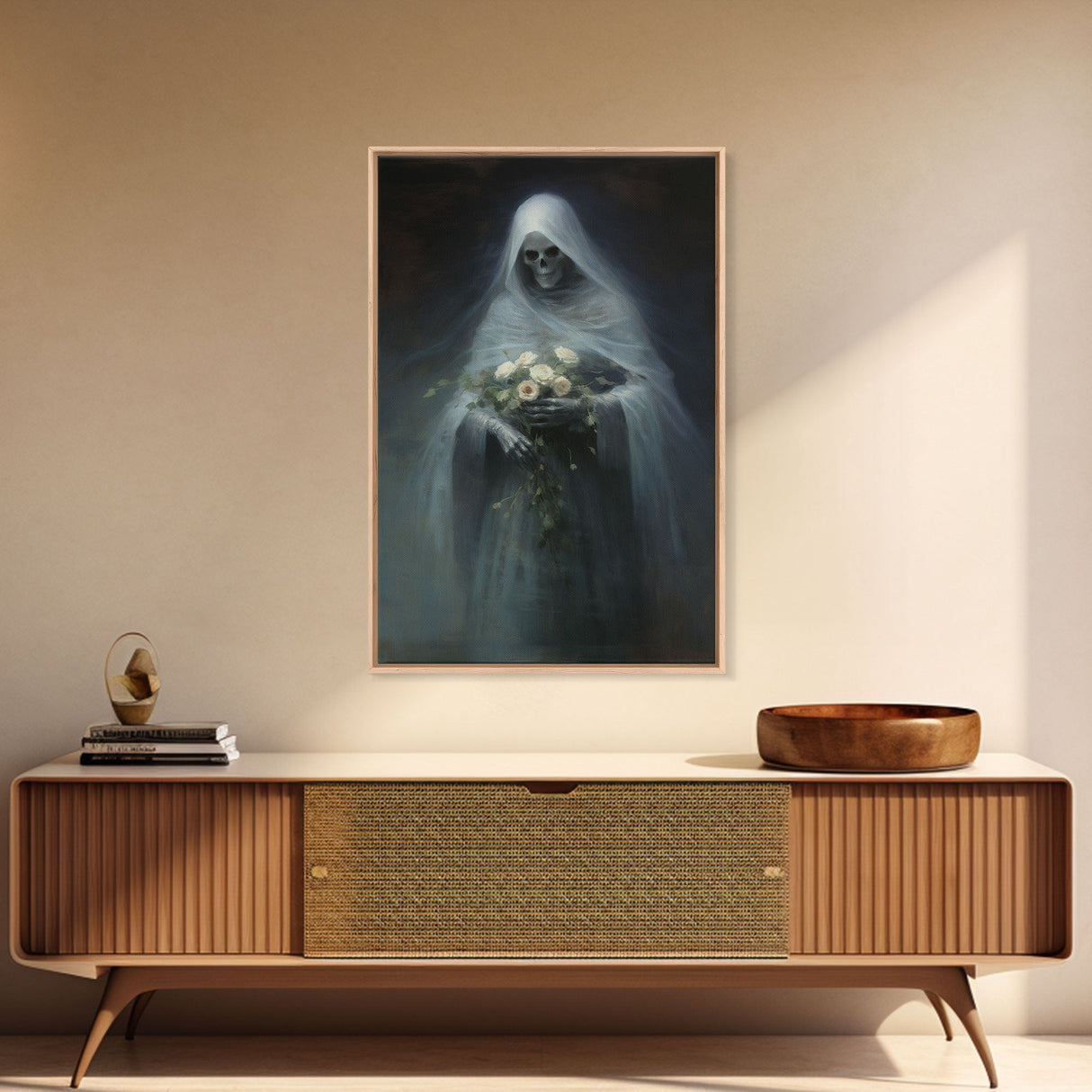 Grim Reaper Holding Flowers, Gothic Halloween Decor, Framed Canvas Print, Scary Horror Art, Goth Decor, Oil Painting, Dark Academia