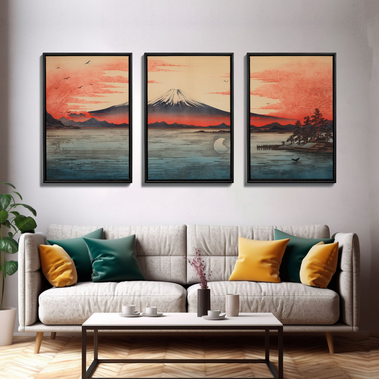 Volcano Print, Asian Art, Japanese Wall Art, Canvas Print, Wall Art, 3 Piece Wall Art, Office Decor, Beach House Wall Decor, Office Art