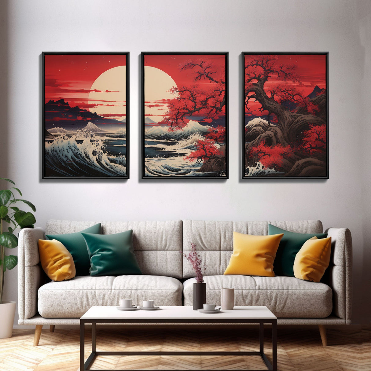 Ocean Art Print, Cherry Blossom, Asian Art, Japanese Wall Art, Canvas Print, Wall Art, 3 Piece Wall Art, Apartment Wall Decor, Room Decor