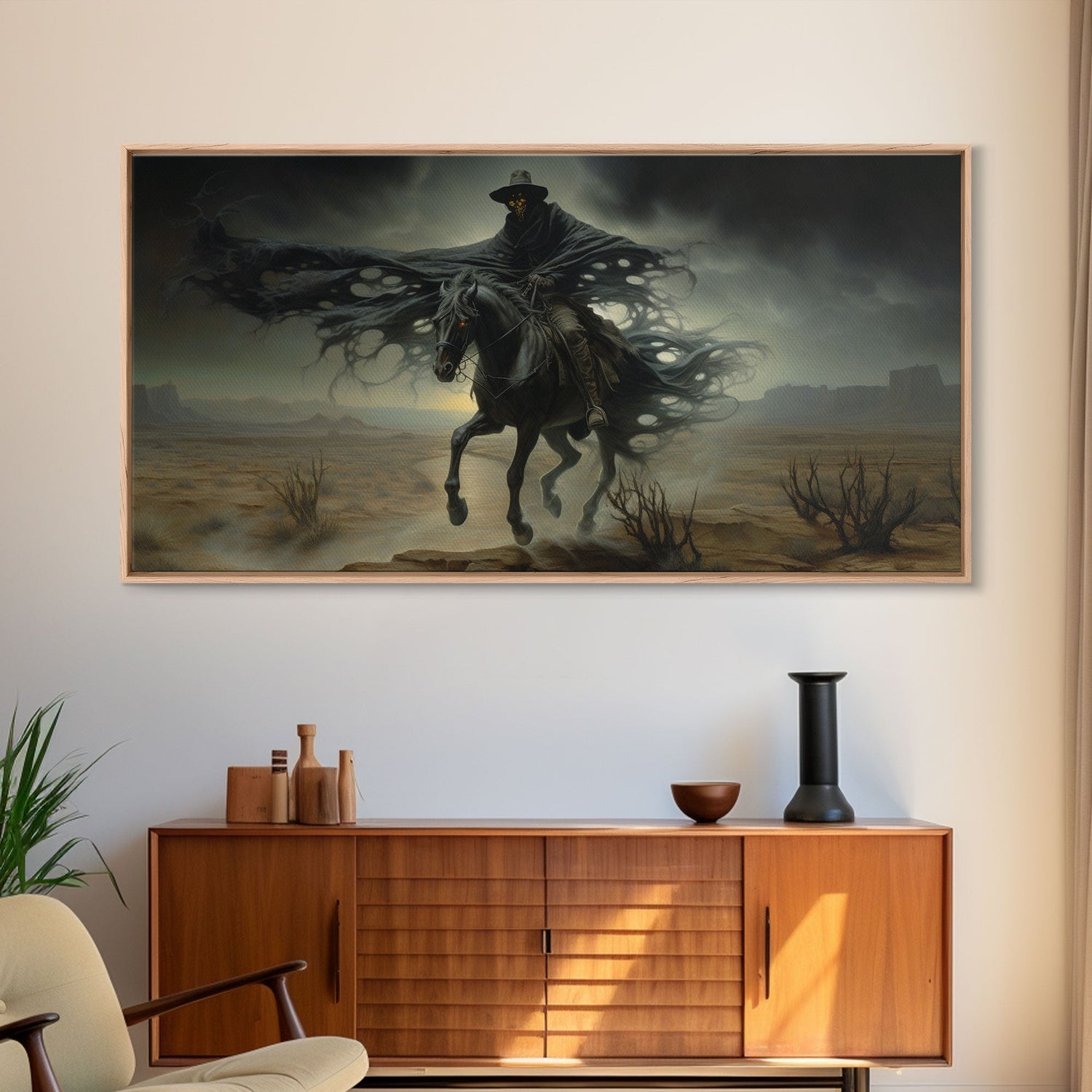 Ghost Cowboy Art, Framed Canvas Print, Halloween art, spooky decor, cowboy art, western decor, grim reaper on a horse in the desert