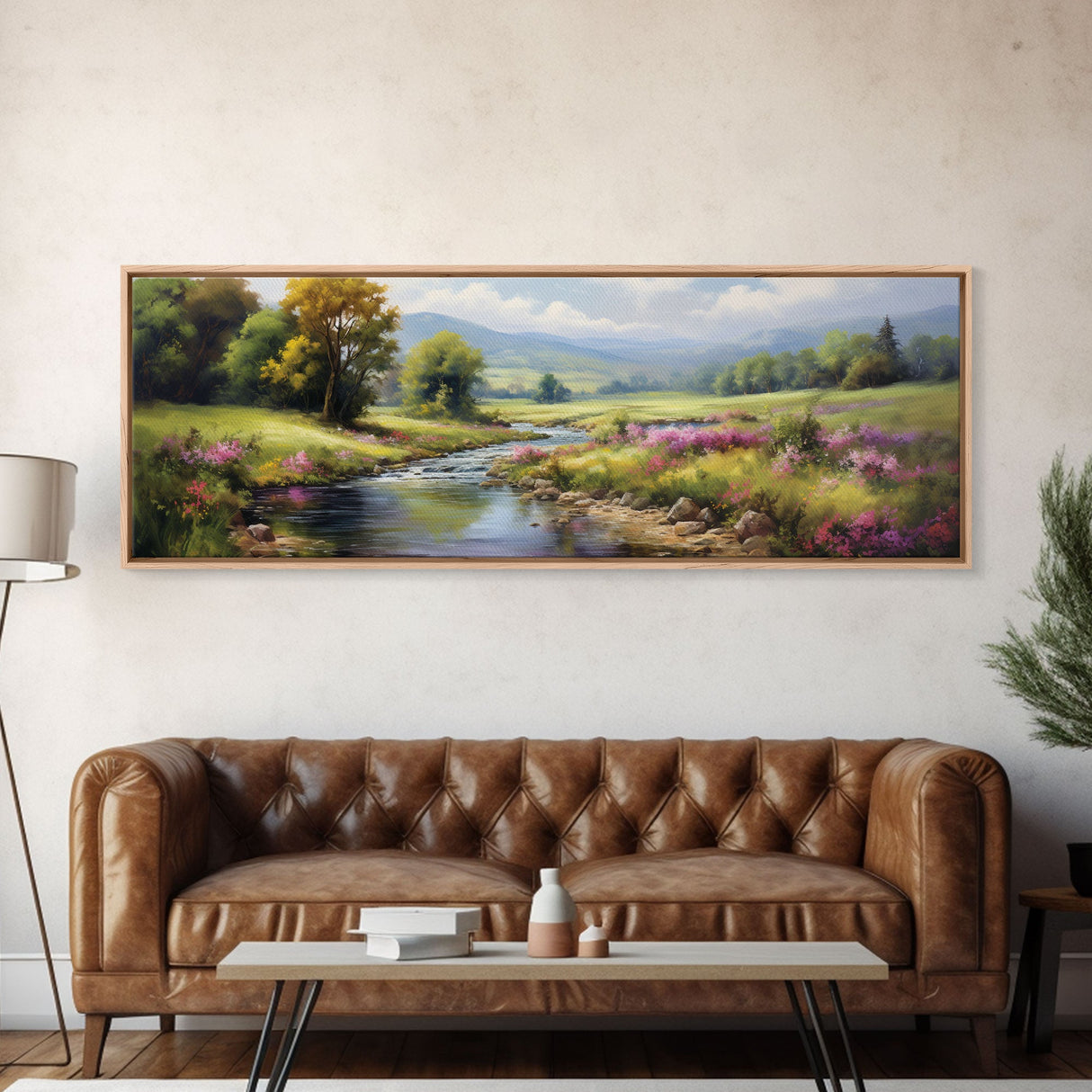 The Meadow, Framed Canvas Print, Framed Wall Art, Large Watercolor Painting, Panoramic Landscape Art Print, Modern Landscape Original Art