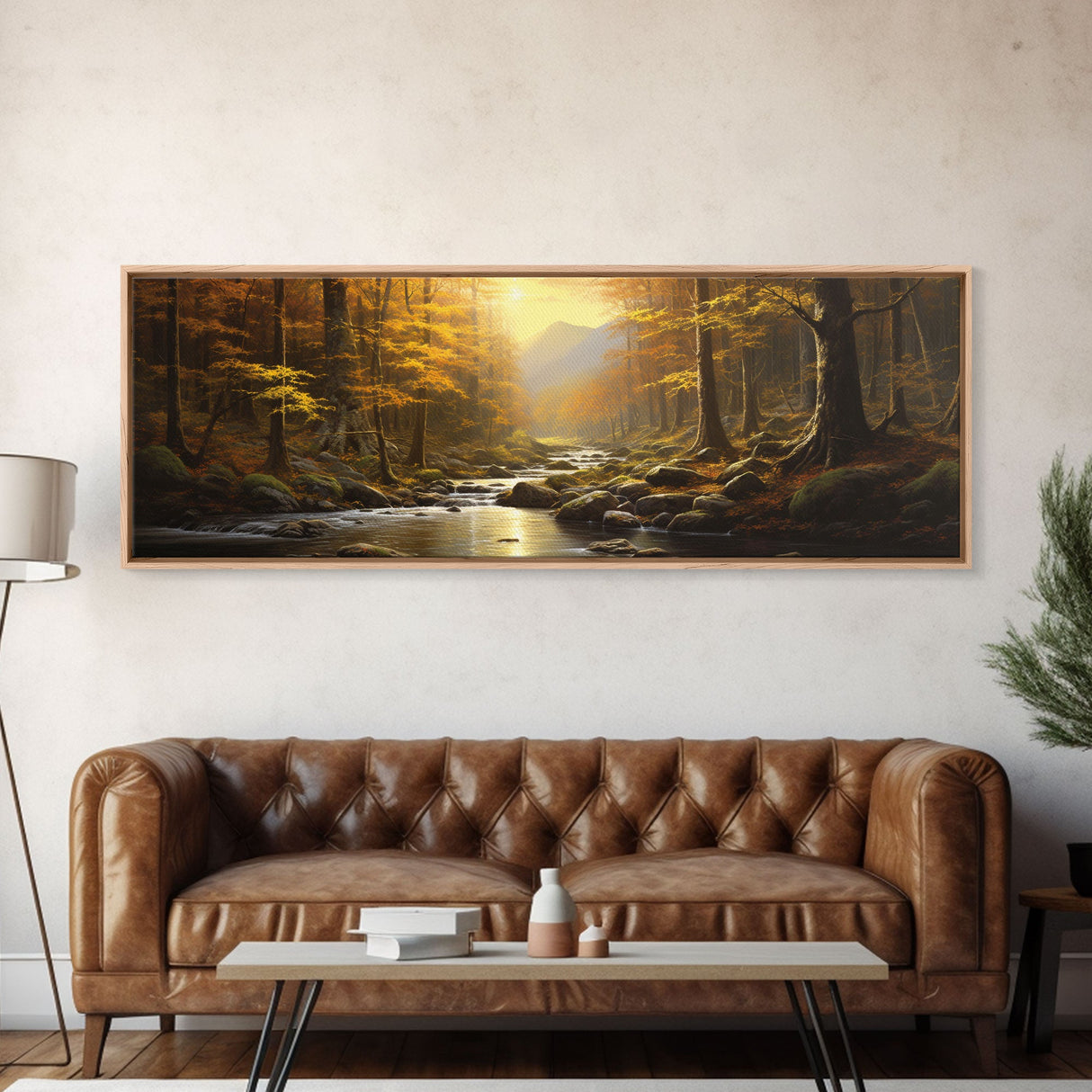 The Forest In The Fall, Fall Centerpiece, Panoramic Painting Framed Canvas Print, Fall Decor, Orange Leaves Falling In The Forest