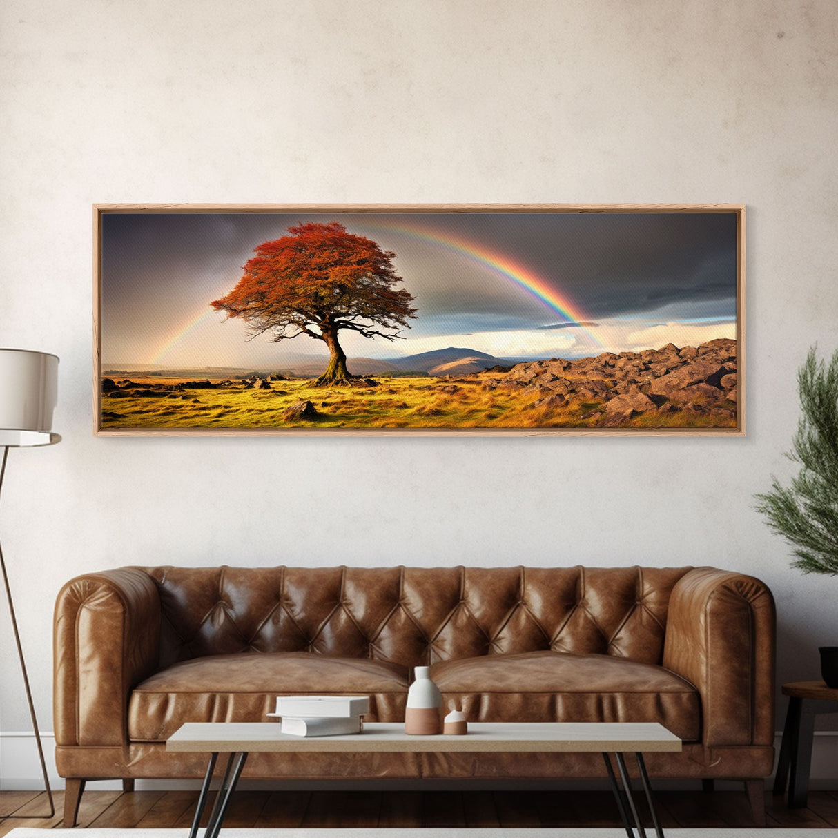 Landscape Wall Art, Vintage Art, Framed Canvas Print, Rainbow Over The Prairie Photography Print, Panoramic Style Extra Large Art