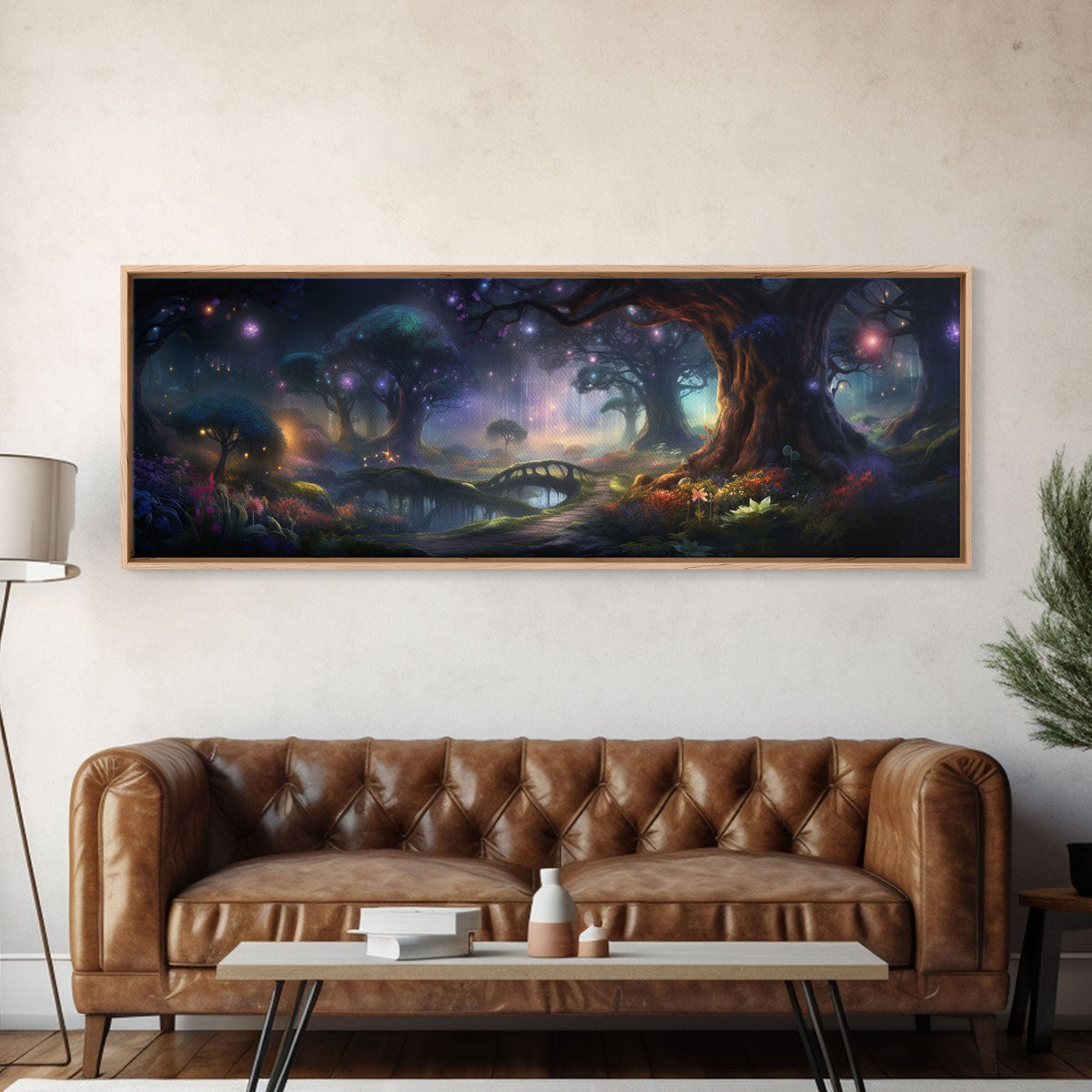 Spiritual Fantasy Forest Wall Art Print, Lanterns and Glowing Trees and Rivers, Fantasy Painting, Living Room Wall Art