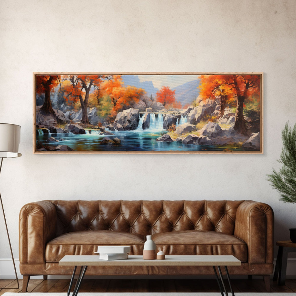 Beautiful Fall Centerpiece Wall Art, Framed Canvas Print, Autumn Landscape Watercolor Painting, Minimalist Boho Style Wall Art, Minimalist