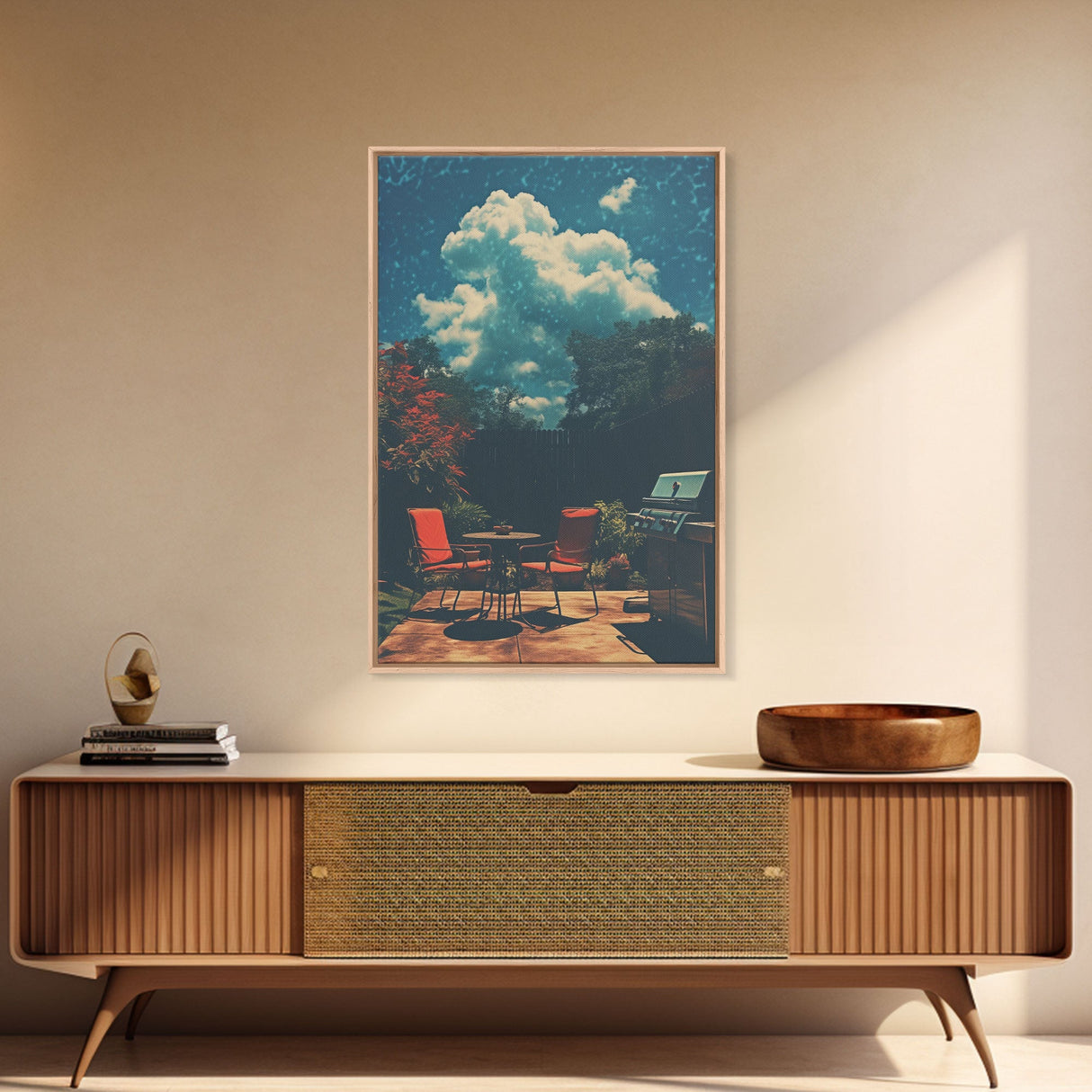 Back Yard Chillin', Summer Vibes, Framed Canvas Print, Retro Midcentury Modern BBQ Art, BBQ During An Eclipse, Liminal Art, Minimalist MCM