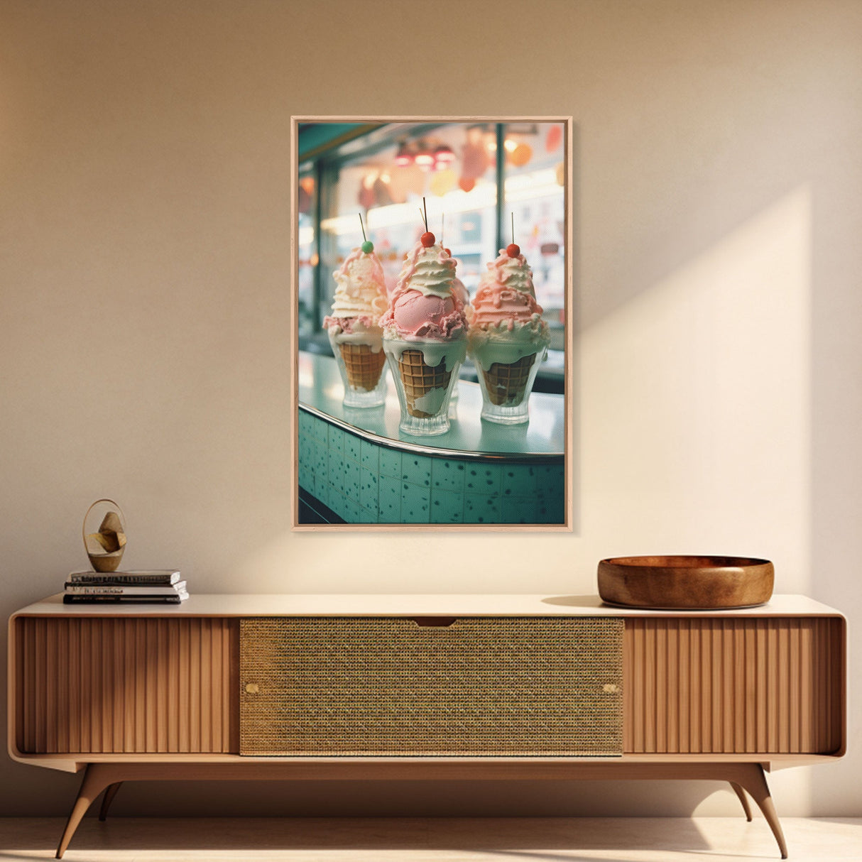 A Strawberry Sunday Kitchen Decor, Ice Cream Art, Framed Canvas Print, Ice Cream Parlor Decor, Icecream Shop Wall Art, MCM Style Decor