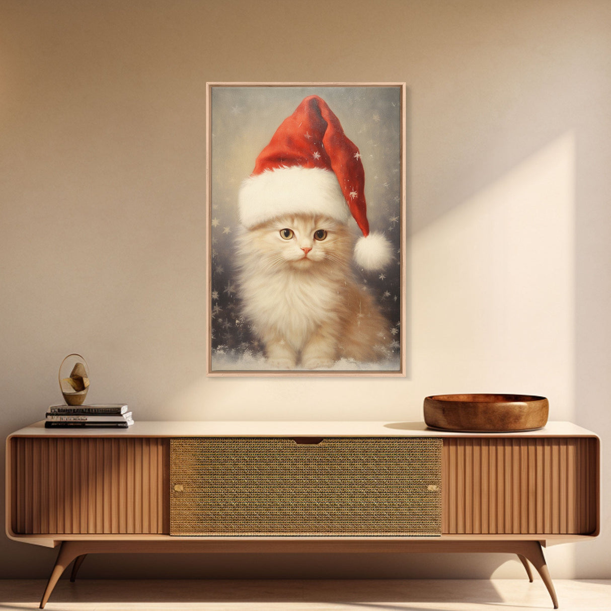 Cute White Kitten In A Christmas Hat, Farmhouse Christmas, Farmhouse Decor, Framed Canvas Print Seasonal Wall Art Winter Decor Christmas Art