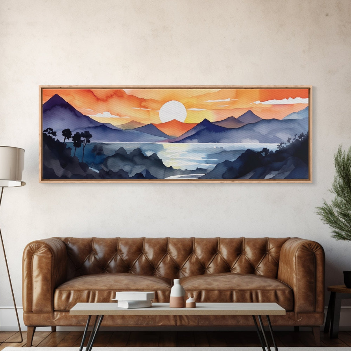 Midcentury Modern Watercolor Painting of a Mountain Sunset, Large Canvas Print, Mountain Artwork, Guest Room Art, Mountain Print, Panoramic
