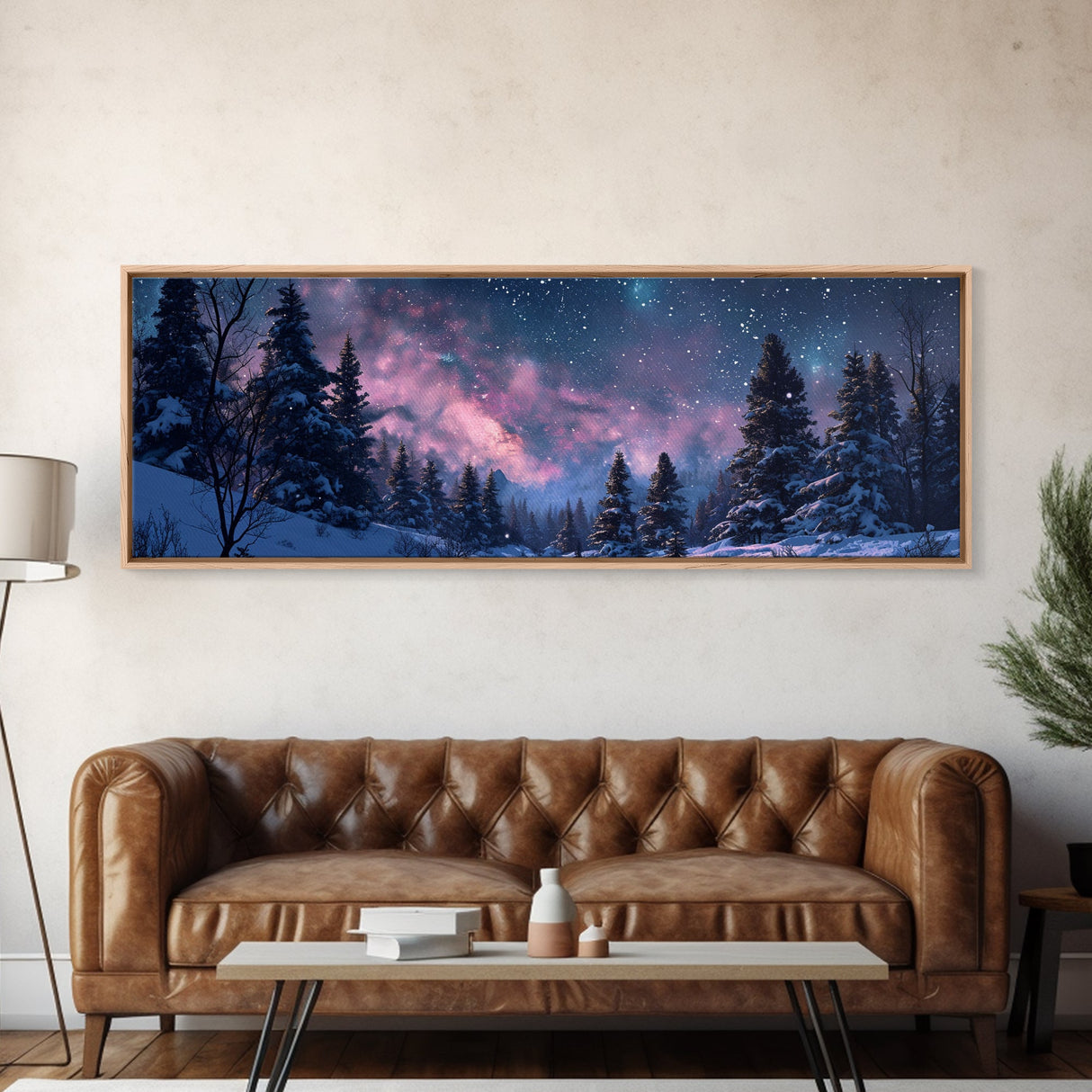 Starry Night Northern Lights, Framed Canvas Print, Beautiful Night Sky Over A Snow Capped Forest, Winter Landscape Painting, Purple Skies
