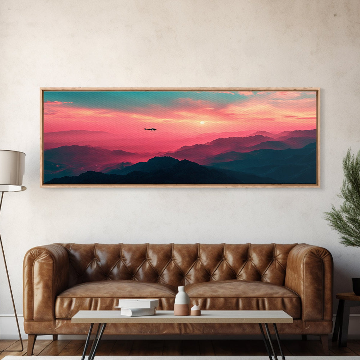 Fire Response - Blackhawk Helicopter Over The Mountains - Southern California - Framed Canvas Print, Synthwave Style Military Art
