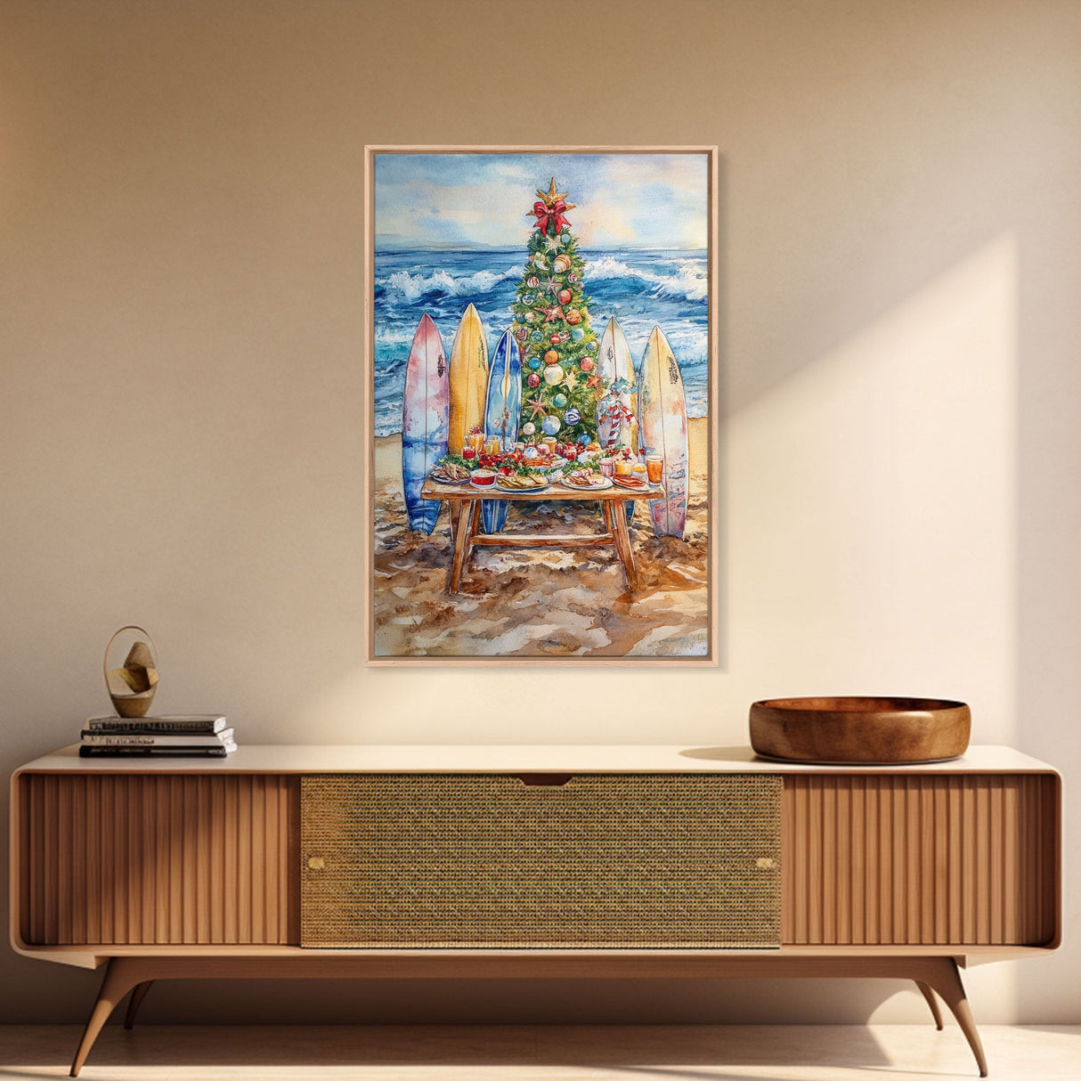 Christmas tree with surfboards on the beach, Framed Canvas Print tropical holiday wall art perfect beach Christmas decor holiday gift idea