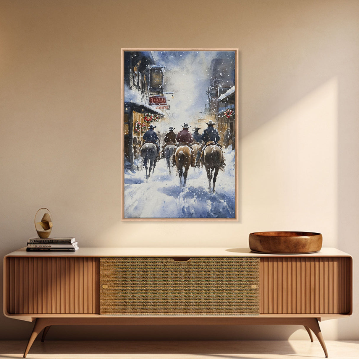 Cowboys Riding Into Town On Christmas, Western Christmas Decor, Framed Canvas Print, Christmas Outdoor Decor, Christmas poster