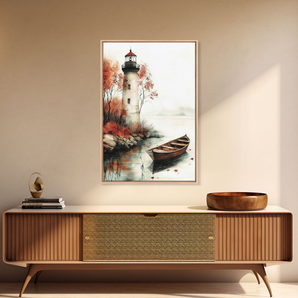 Lighthouse In The Fall, Framed Canvas Print, Fall Decor, Autumn Centerpiece Art, Boho Minimalist Style Wall Art