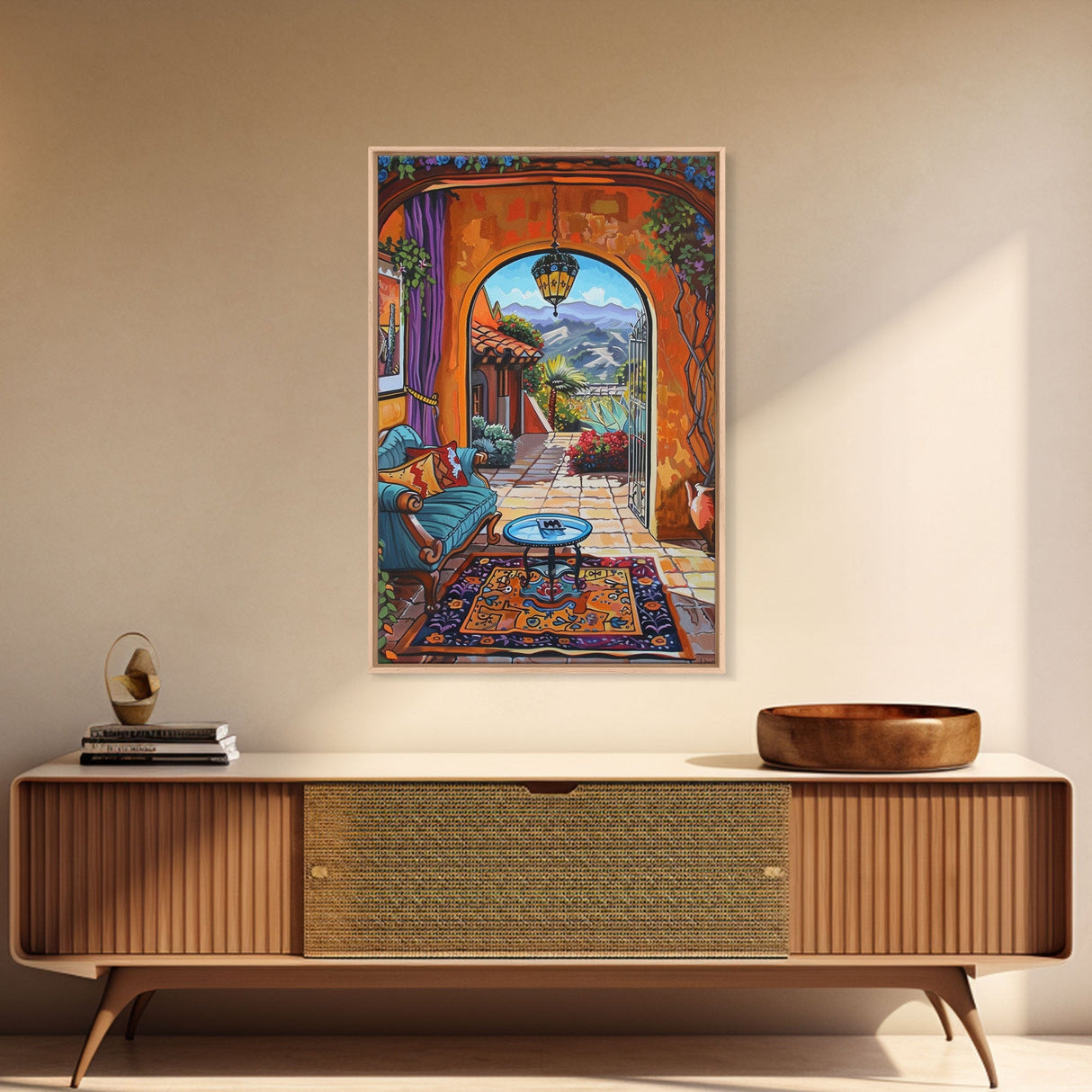 Cozy Southwestern Patio Framed Canvas Print Colorful Courtyard Best Gift Idea Home Decor Bright Seasonal Art Above Sofa Wall Art