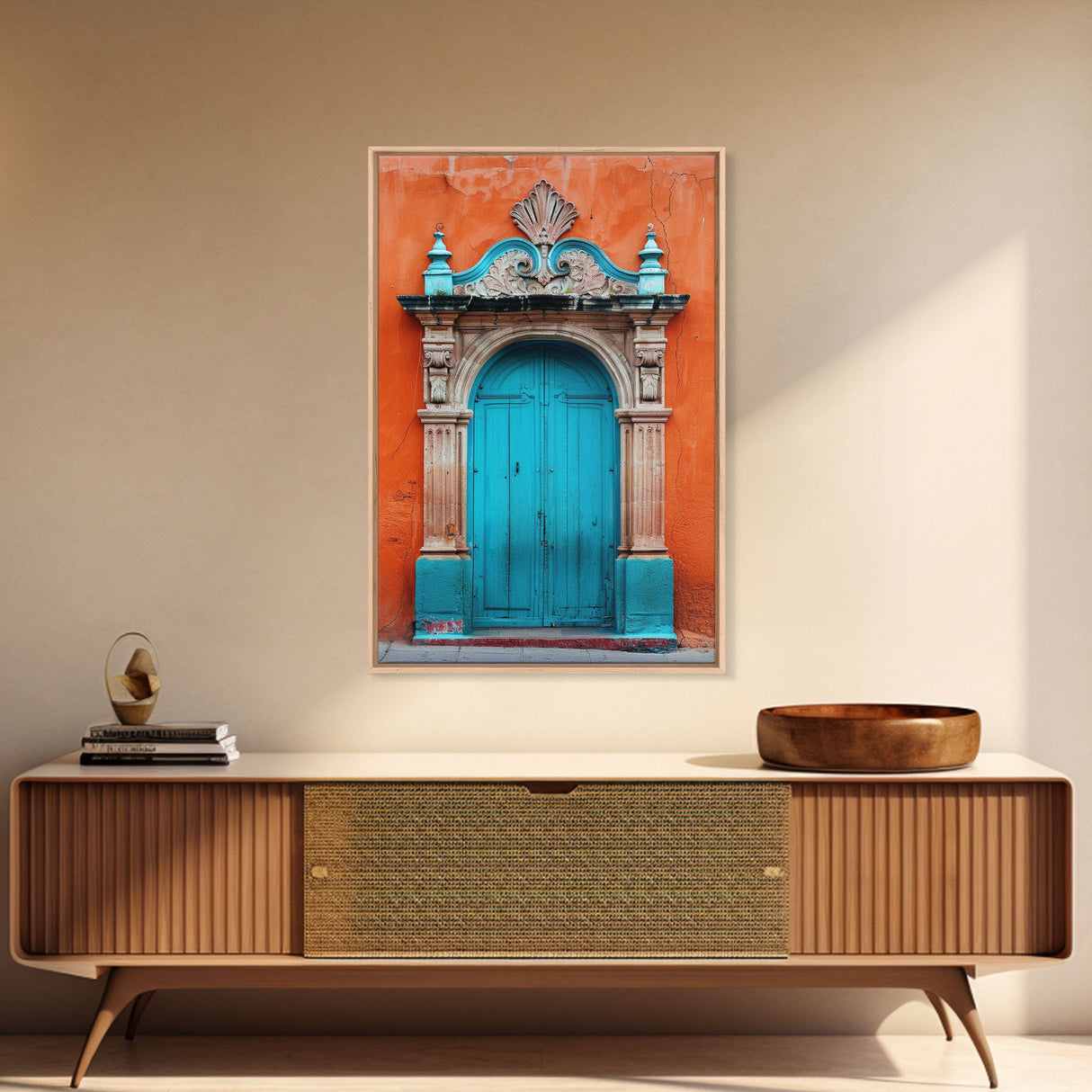 Change1 Mexican Wall Art, Colorful Mexican Door Architecture Painting Framed Canvas Print, Traditional Hacienda Architecture, Ready To Hang