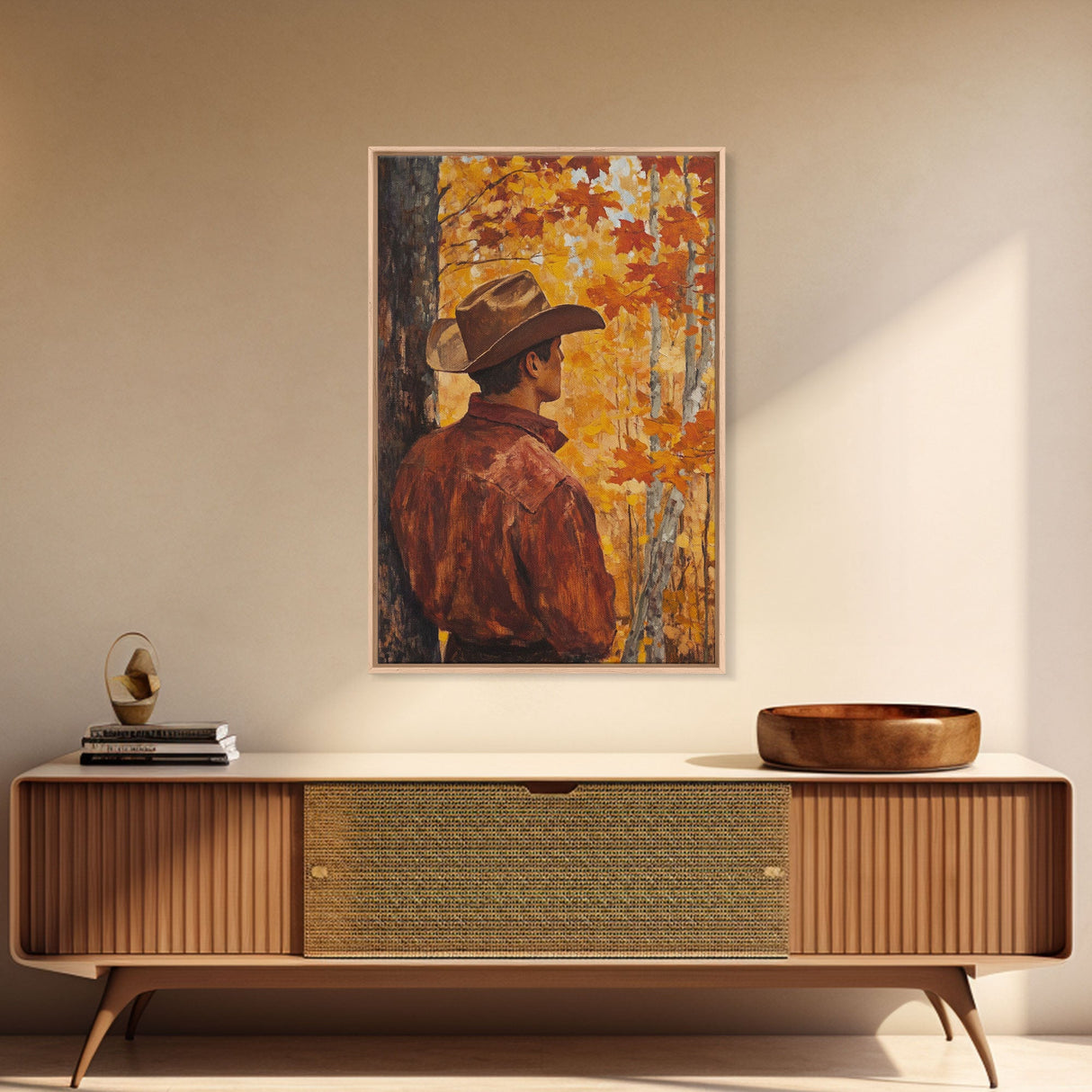 Cowboy in Autumn Forest Framed Canvas Print - Rustic Fall Wall Art Perfect Gift Idea 2024 Country Decor - Moody Landscape Art